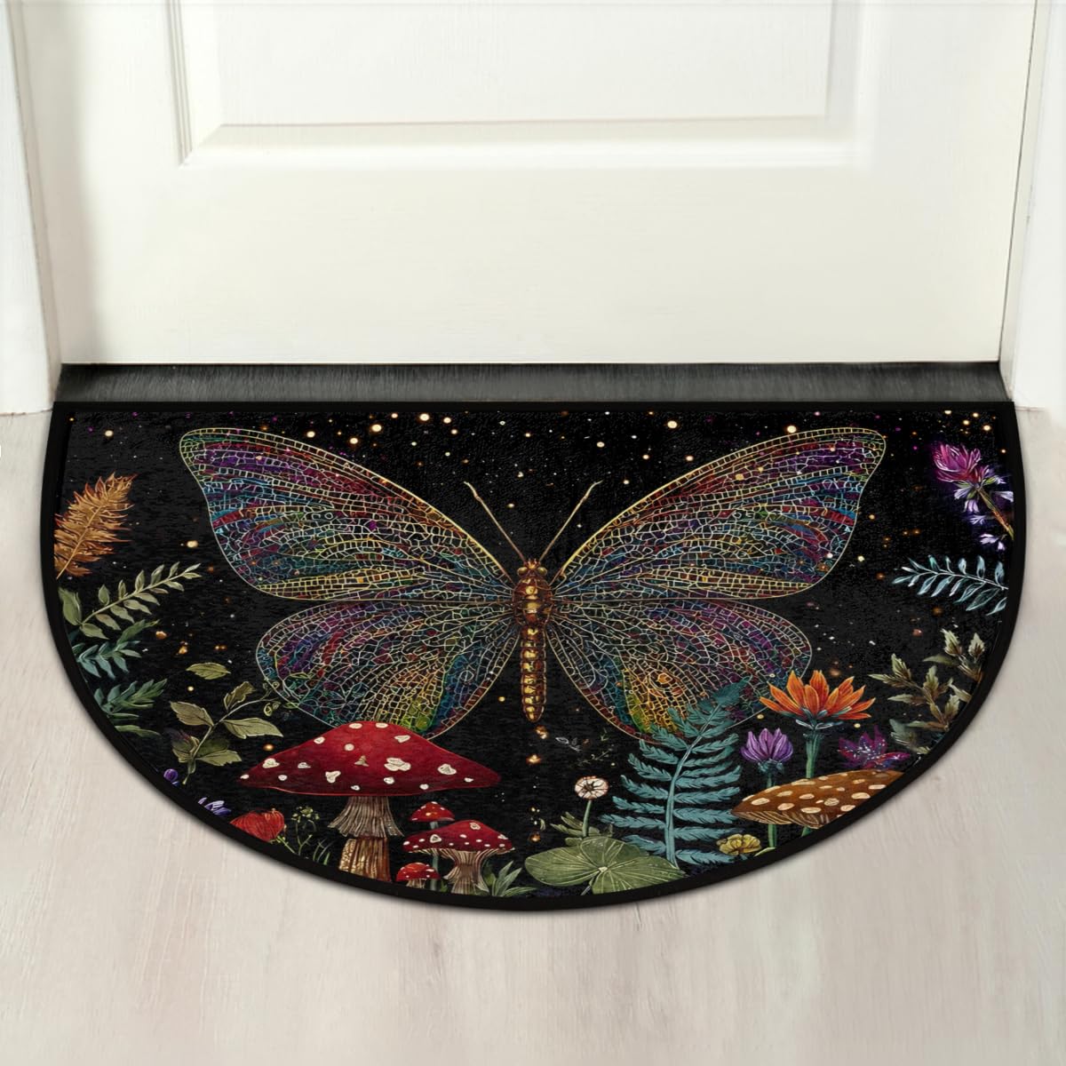 Boho Butterfly Mushroom Flower Ferns Half Round Door Mat Indoor Entrance Low Pile Non Slip Absorbent Semi Circle Welcome Mats Doormats 36x24 in Floor Mats for Home Kitchen (Boho Butterfly Mushroom Flower Ferns)