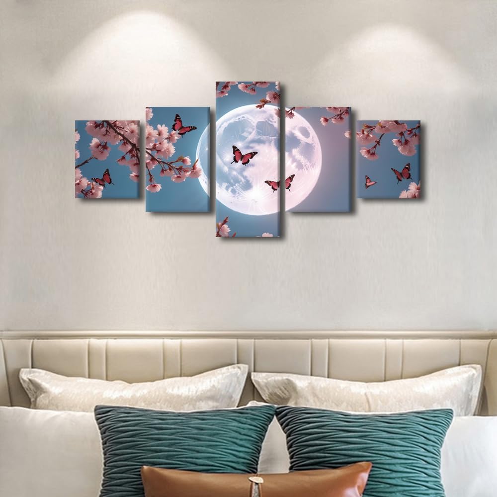 Canvas Wall Art Enchanting Moonlit Sakura Five Panel Framed Painting Japanese Spring Nightscape Decor Zen Garden Wall Art Spa Relaxation Decor Ready To Hang 50"Wx24"H‌ (50''Wx24''H / Artwork-09)