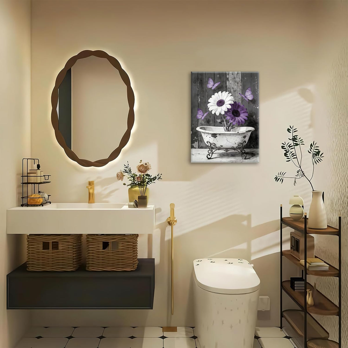 Vintage Bathroom Canvas Wall Art Retro Painting Framed ArtWork 12"x16" (Vintage Flower / 16"L x 12"W)