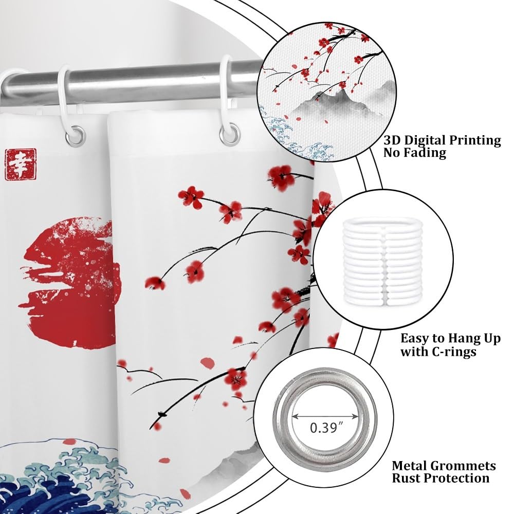 Traditional Japanese Painting Shower Curtain Kanagawa Great Wave Shower Curtain Red Sun Cherry Blossom Japanese Mountain Scenery Bathroom Curtains Waterproof Polyester Fabric with Hooks 60x72 Inch (60"W x 72"L (Pack of 1) / Blue-28)