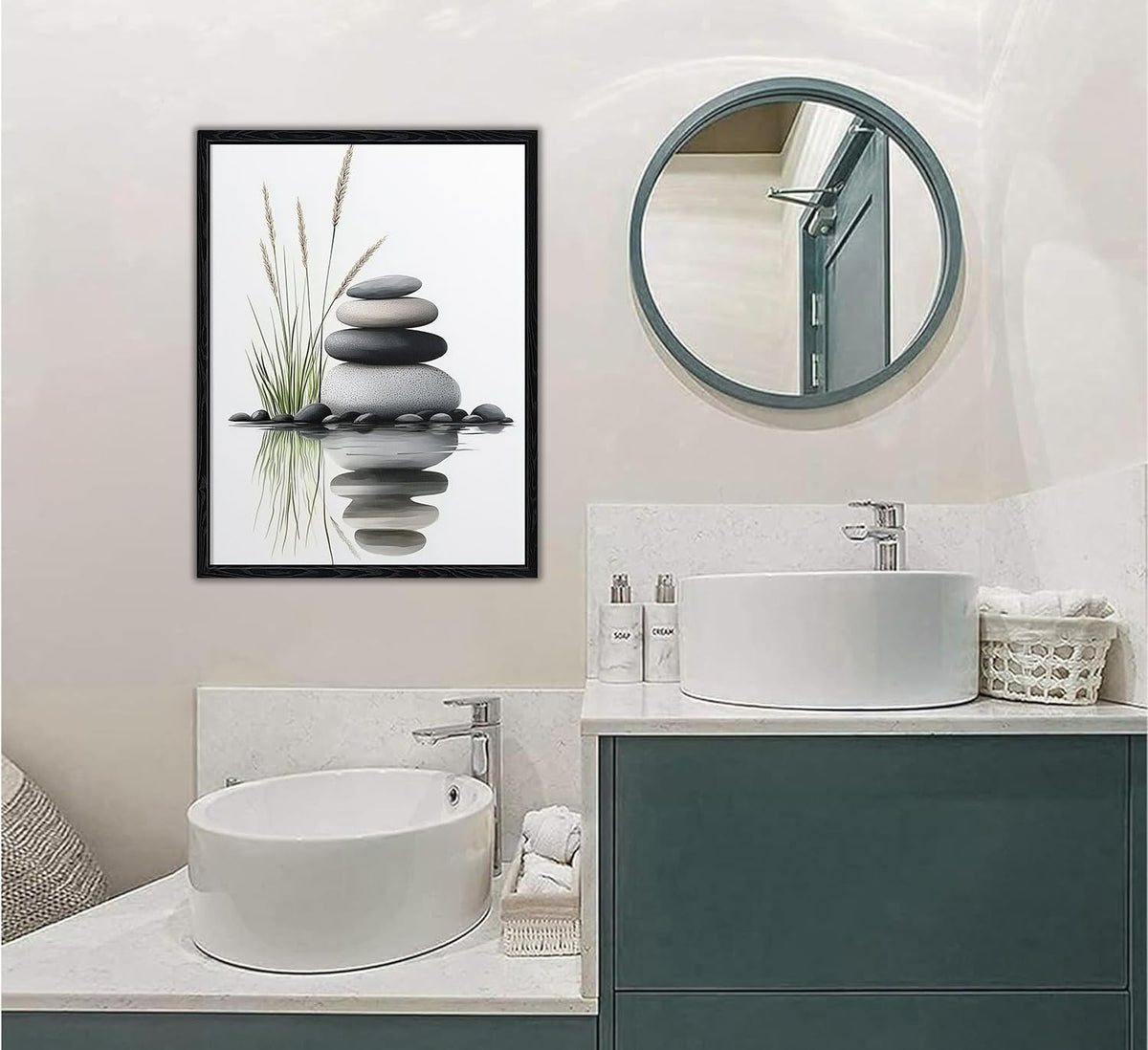 Beautiful Tranquil Zen Stacked Stones with Water Reflection Canvas Wall Art (Zen (Black Framed) / 24"L x 16"W)