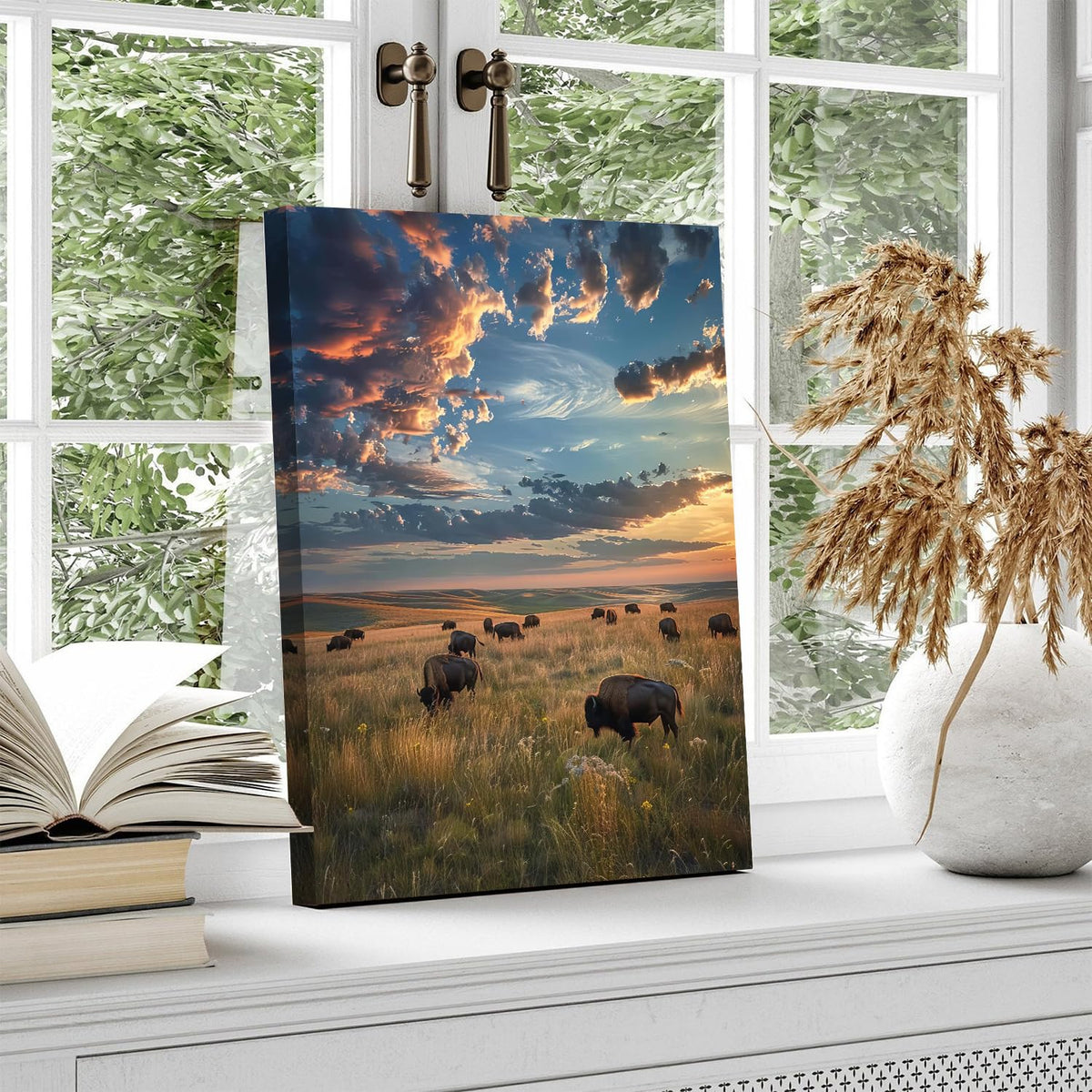 Cow Pictures Wall Decor American Bison Wall Art Tallgrass Prairie National Park Poster Nature Sunset Landscape Canvas Prints Highland Cow Artwork for Living Room Kitchen Home Decorations 12x16" (16"L x 12"W / Tallgrass Prairie)
