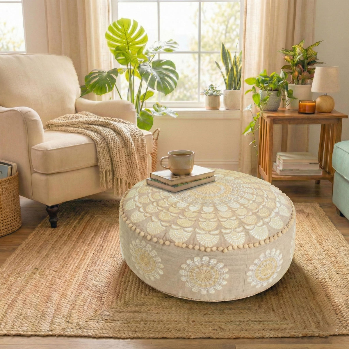 Bohemian Pouf Ottoman Cover 24x8 (Pouf Cover / Beige Peacock)