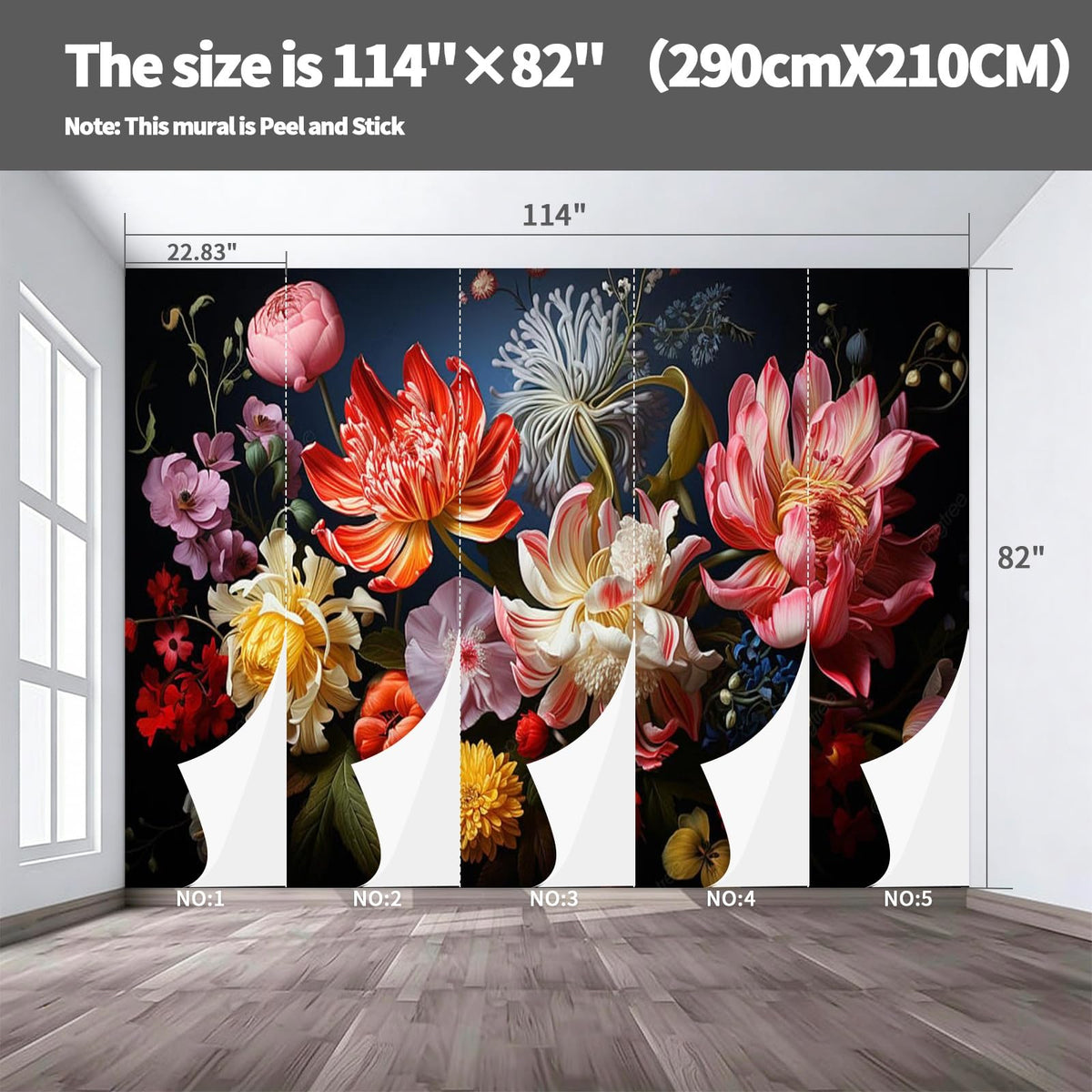 Peel and Stick Wall Mural Wallpaper Floral 114"x82" Decor G16 (G16 / 114" x 82")