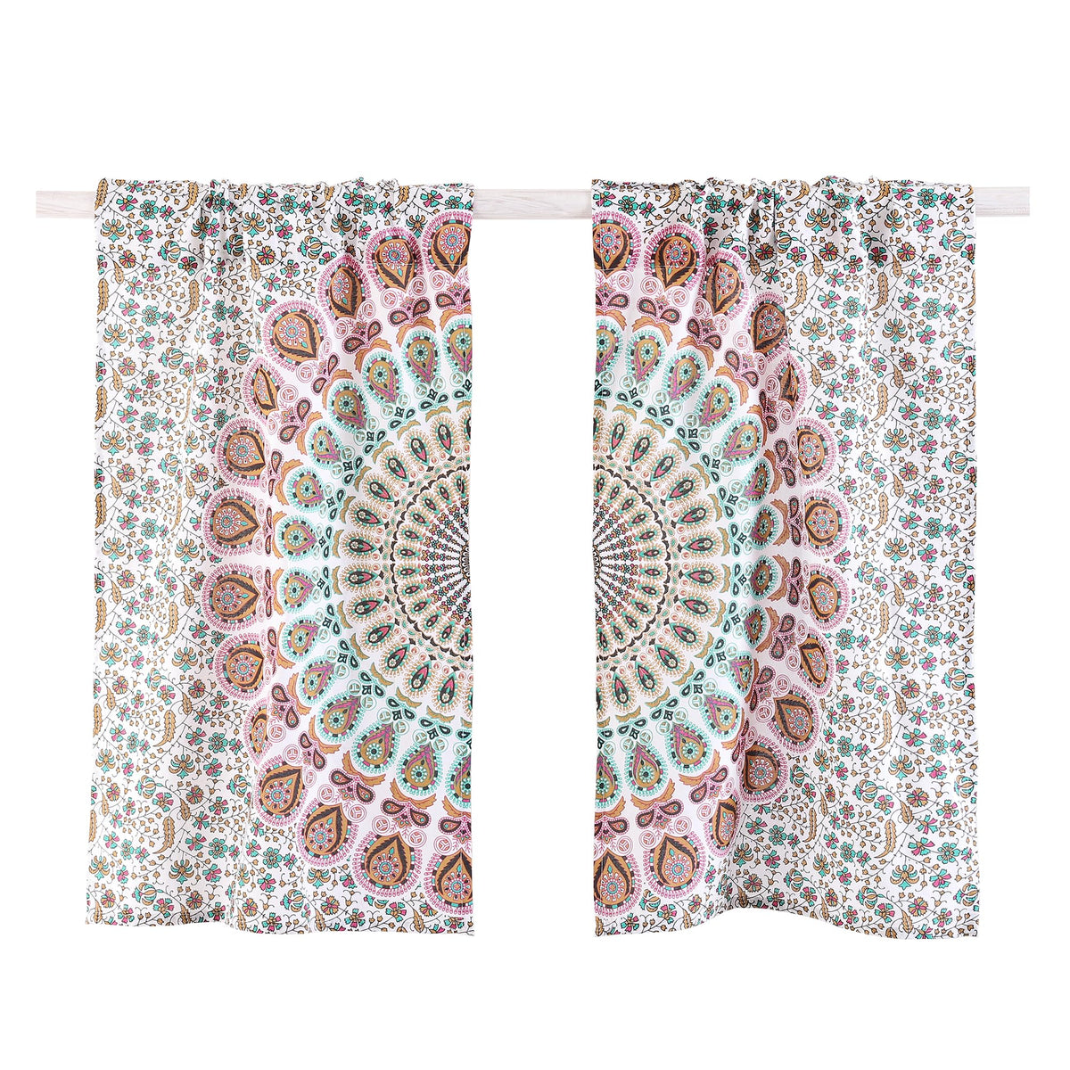 Indian Hippie Bohemian Beautiful Peacock Mandala Sheer Curtain Panels White Multicolor (White Multicolor / 18"W x 32"L (Pack of 2))