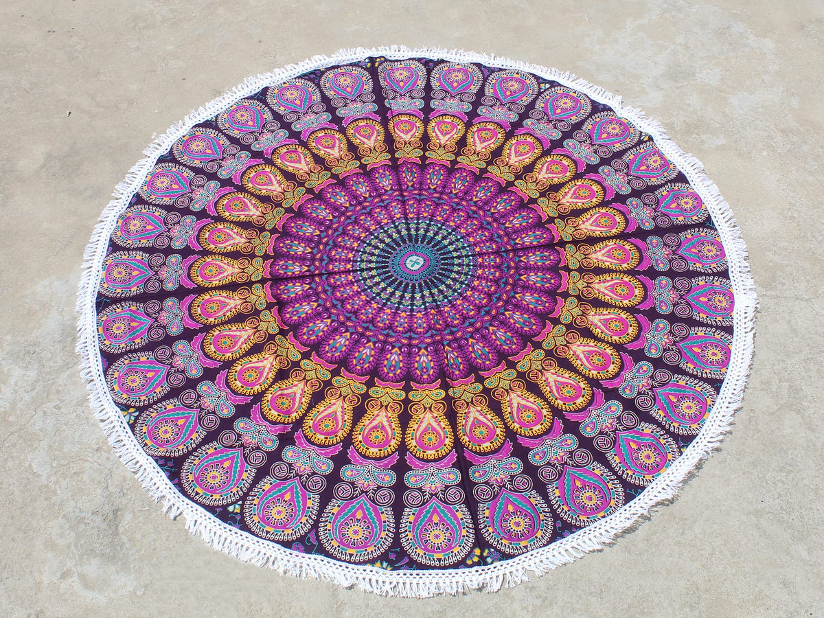 Round Beach Tapestry Turquoise Mandala Throw (3'6" (Round) / Pink and Yellow)