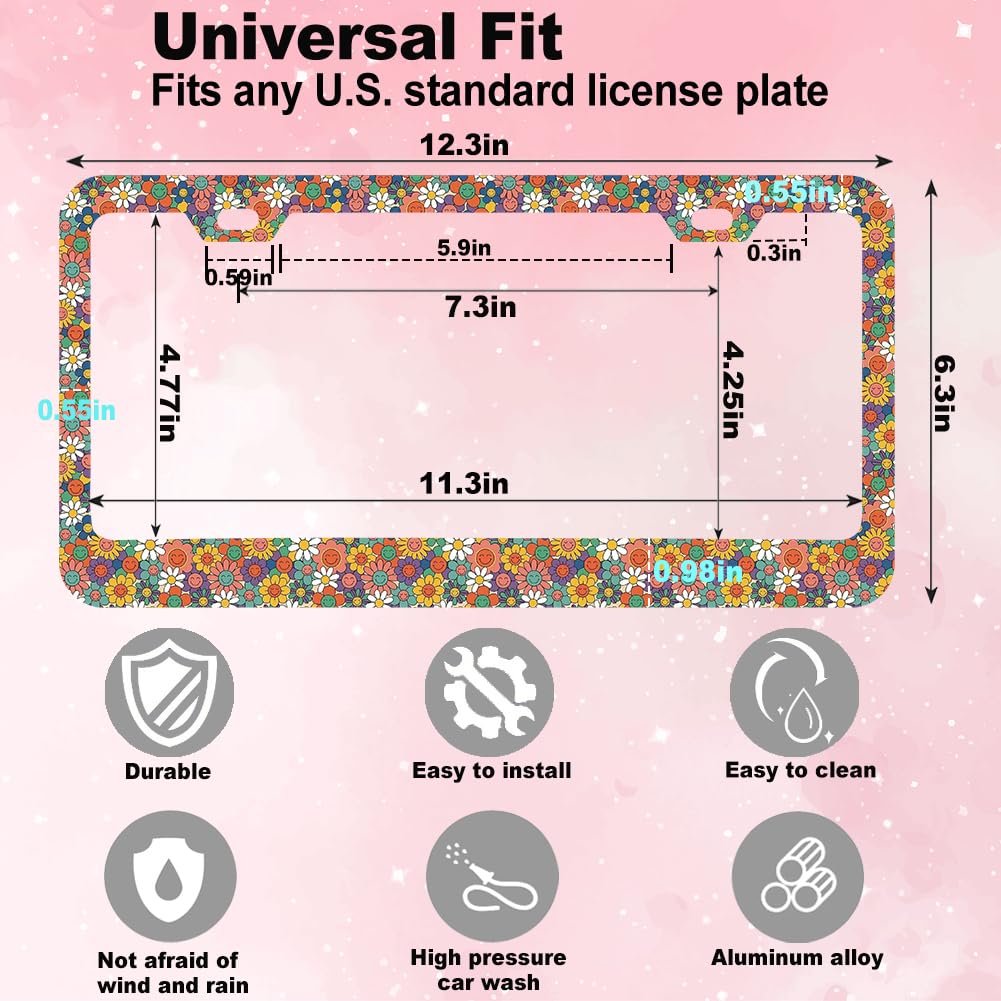 Colorful Smiling Floral License Plate Frame for Women 2Pc Car Tag (for Smiley Flower)