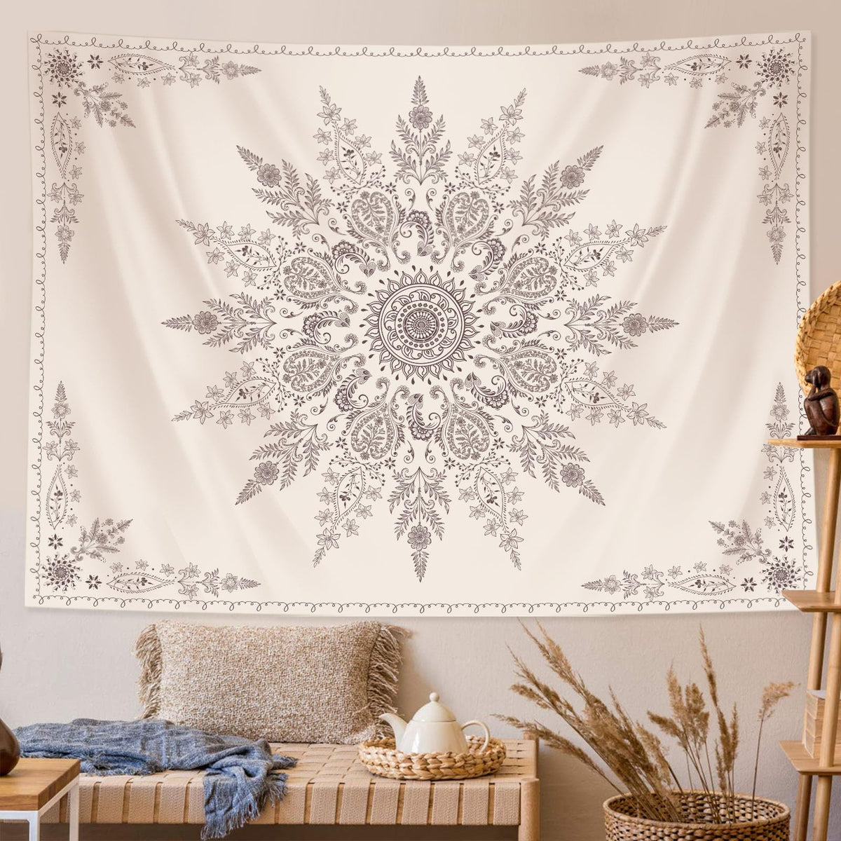 Boho Floral Tapestry Mandala Wall Tapestry (90"L x 70"W / Off White)