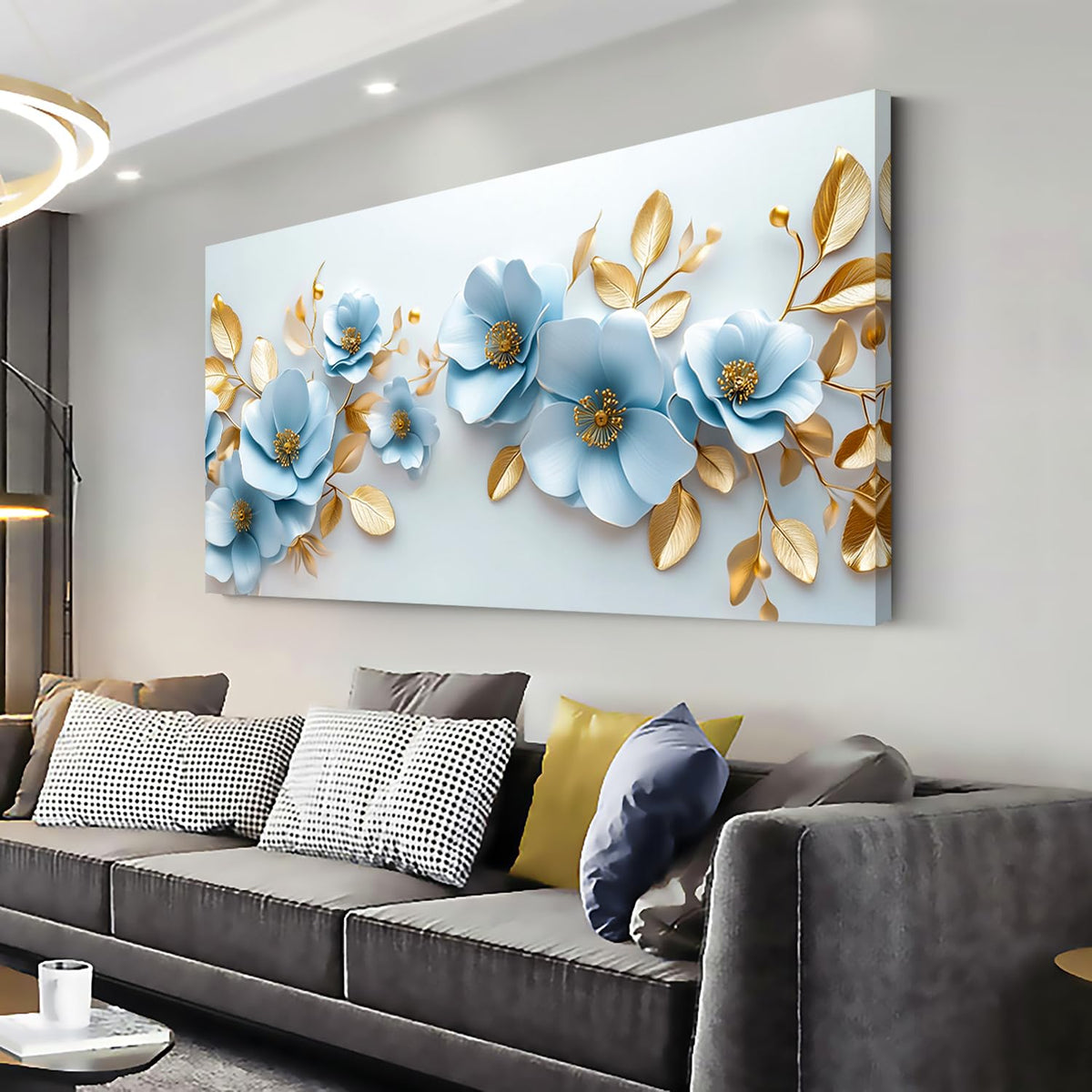 Aqua Blue Flower Wall Art for Living Room Canvas Painting Prints Pretty Floral Modern Nature Gold Elegant Artwork Office Bedroom Girls Room Decor Large (46L" x 23W" / Gold and Blue Wall Art(k830))