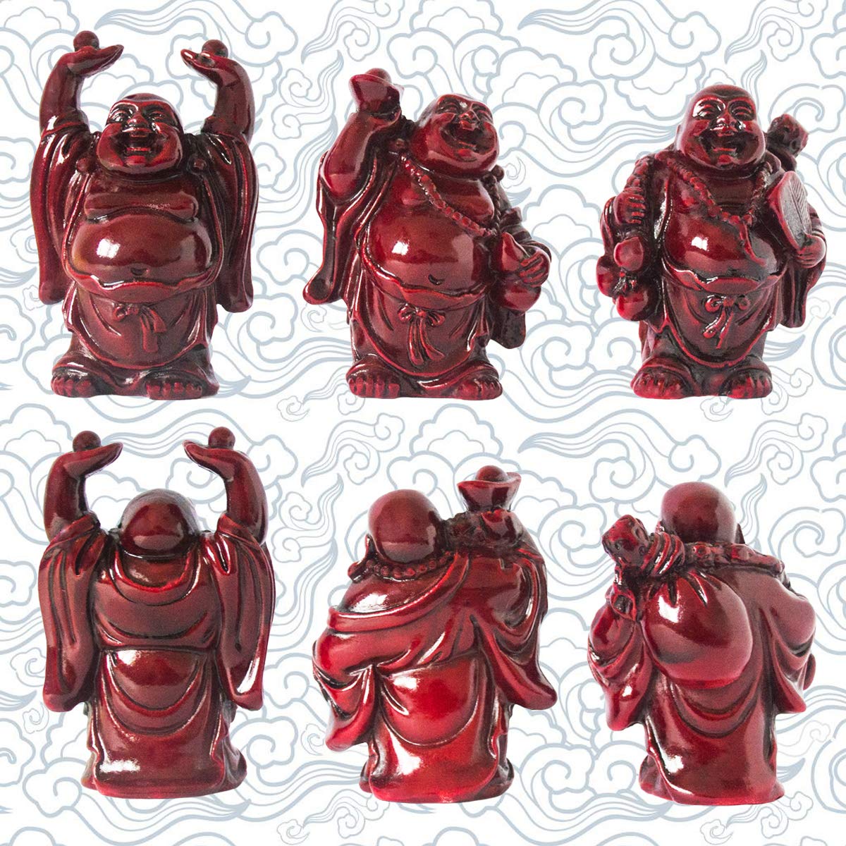 Set of 6 Laughing Happy Buddha Statue Resin Figurines Feng Shui for Luck Wealth Good Gift and Collection (Dark Red / 2.5'')