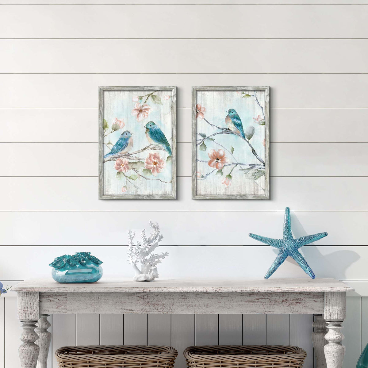 Floral Bird Wooden Framed Wall Art 16x24Inchx2PCS (blue&pink / 16L" x 24W")