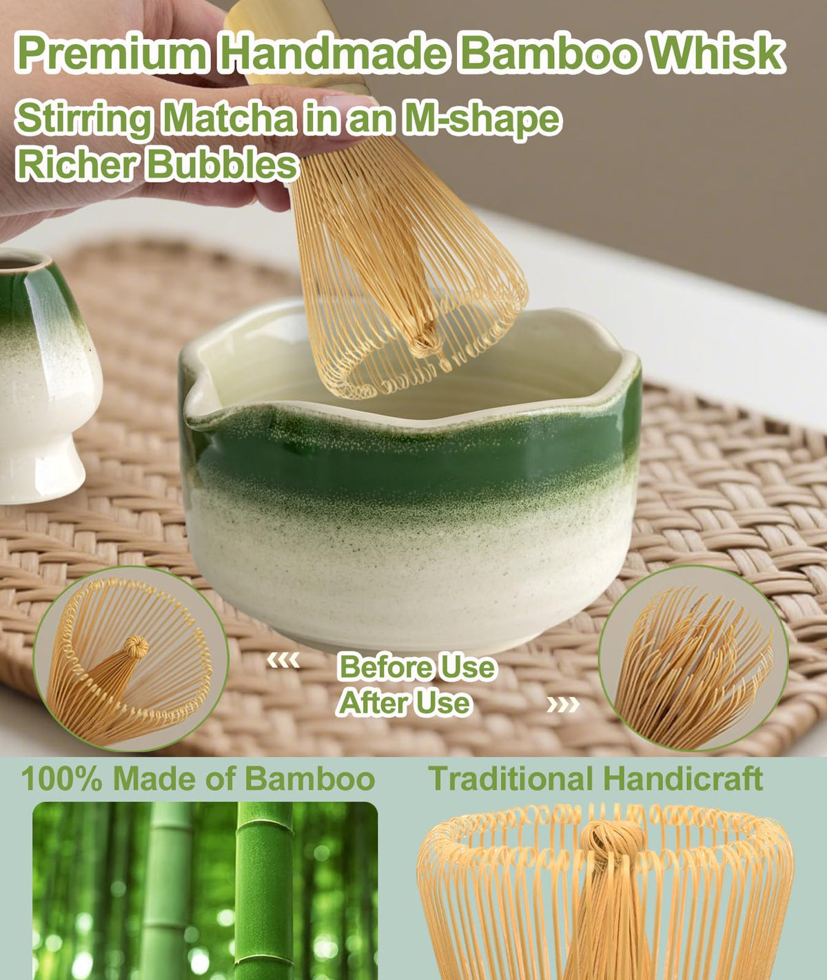 Matcha Set 7PCS Ceramic Matcha Whisk Set for Matcha Tea Ceremony (Gradient Green)