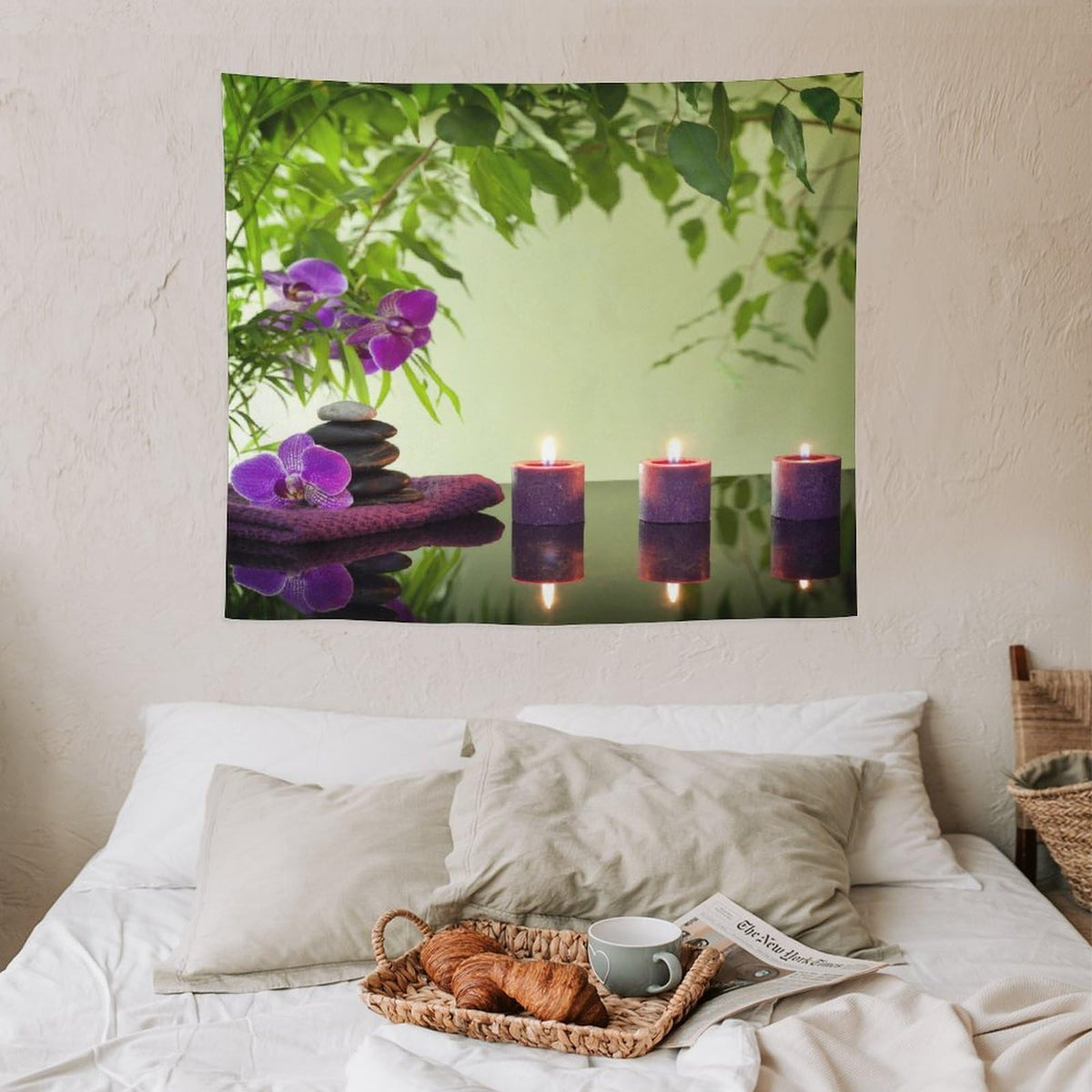 Spa Tapestry Wall Hanging Stones Aromatic Candles and Orchids Blooms Treatment Vacation Tapestries Home Decor for Living Room Bedroom Farmhouse Kitchen Dorm 50"x60" (50"L x 60"W / Zen-12)