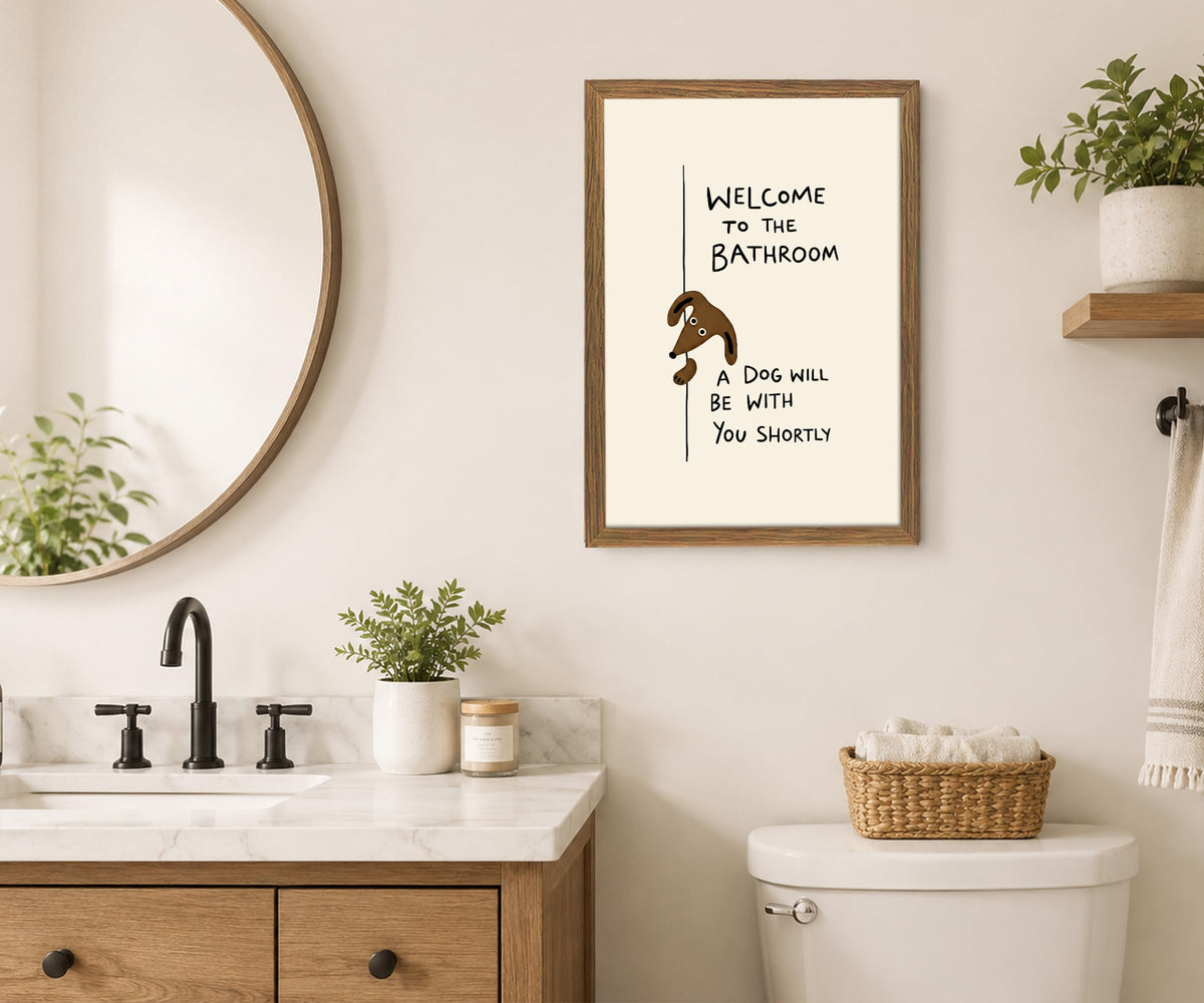 Funny Dog Bathroom Wall Art (Cream, Brown, Black, Natural Wood / 12"L x 16"W)