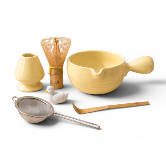 HAPPY PATH & CO Patented Matcha Bowl Set with Handle & Spout (Sunny Duckling - Pastel Yellow)