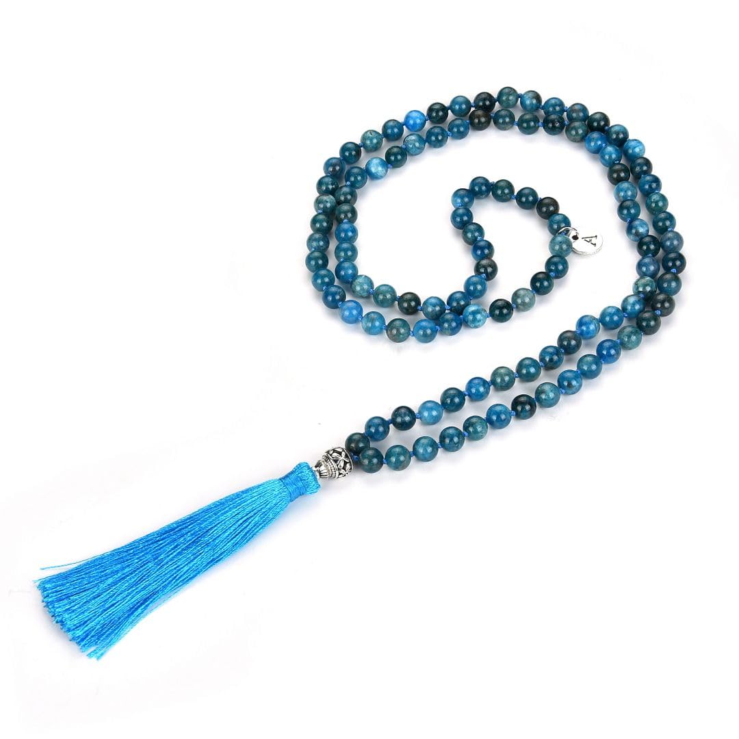 Real 108 Mala Beads 8mm Blue Apatite Stone Beaded Necklace (Blue Apatite)