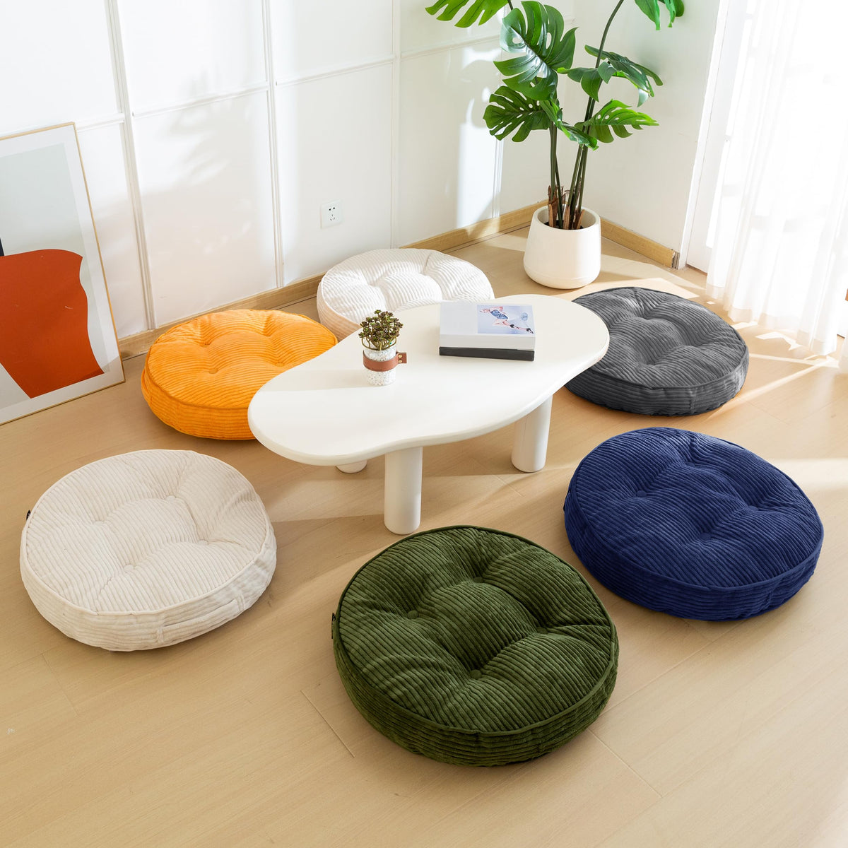 Floor Pillow Cushion for Adults (Round Beige / 4" Thick(Pack of 2))
