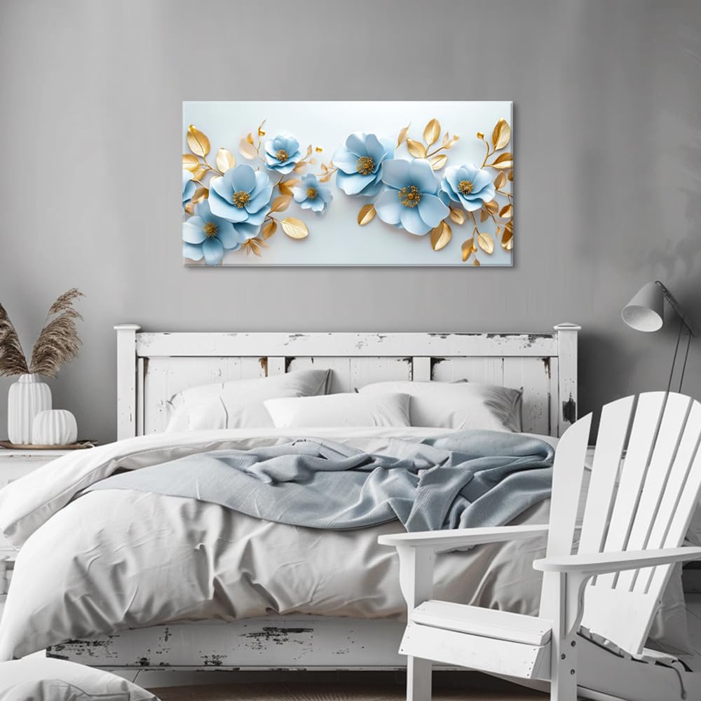 Aqua Blue Flower Wall Art for Living Room Canvas Painting Prints Pretty Floral Modern Nature Gold Elegant Artwork Office Bedroom Girls Room Decor Large (46L" x 23W" / Gold and Blue Wall Art(k830))