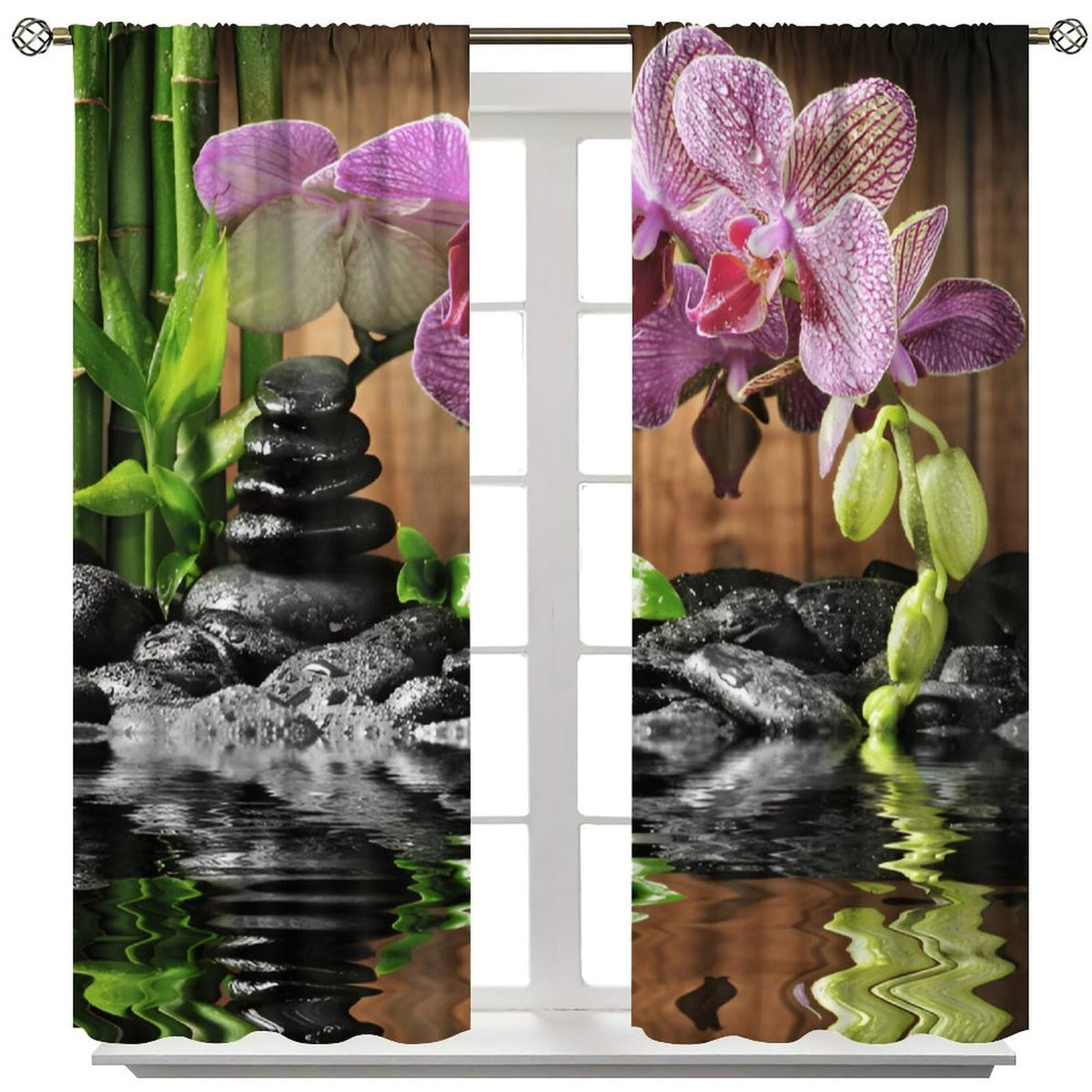 Zen Garden Blackout Curtains for Kitchen Spa Green Bamboo Black Stone White Flower Window Treatments Print for Boys Girls Bedroom Living Room Bathroom 42x63in (21"W x 63"L (Pack of 2) / Zen-16)