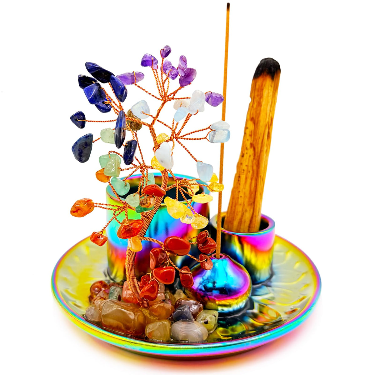 5 in 1 Incense Burner Holder with Crystal Tree for Burning Palo Santo Stick (Colorful)