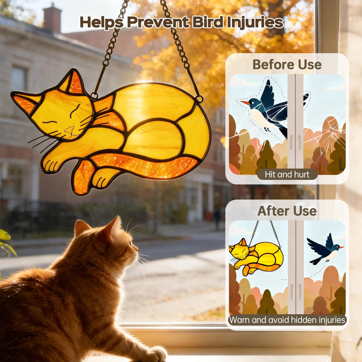 Orange Cat Stained Glass Suncatcher Decor for Window Hanging (Orange)