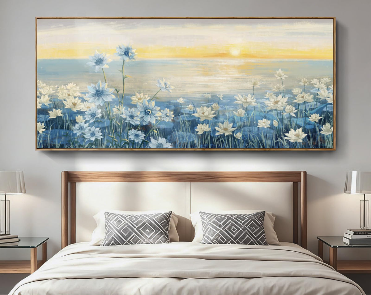 Giant Framed Wall Art for Living Room Extra large Modern Coastal Beachy Canvas Wall Art Big Floral Sunrise Blue Wall Picture Oversized Lake Nature Sunset Artwork Office Bedroom Decor 71“x31” (Sunrise Wall Art / 71"L x 31"W)