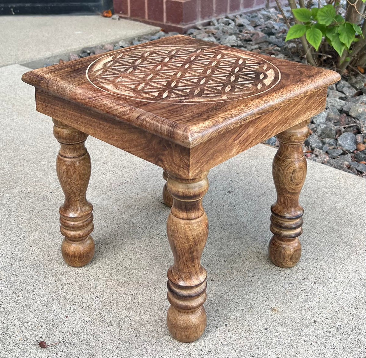 Solid Mango Wood Hand Carved Puja Shrine Altar Meditation Table (12 X 12 X 12 Inches / Flower of Life)