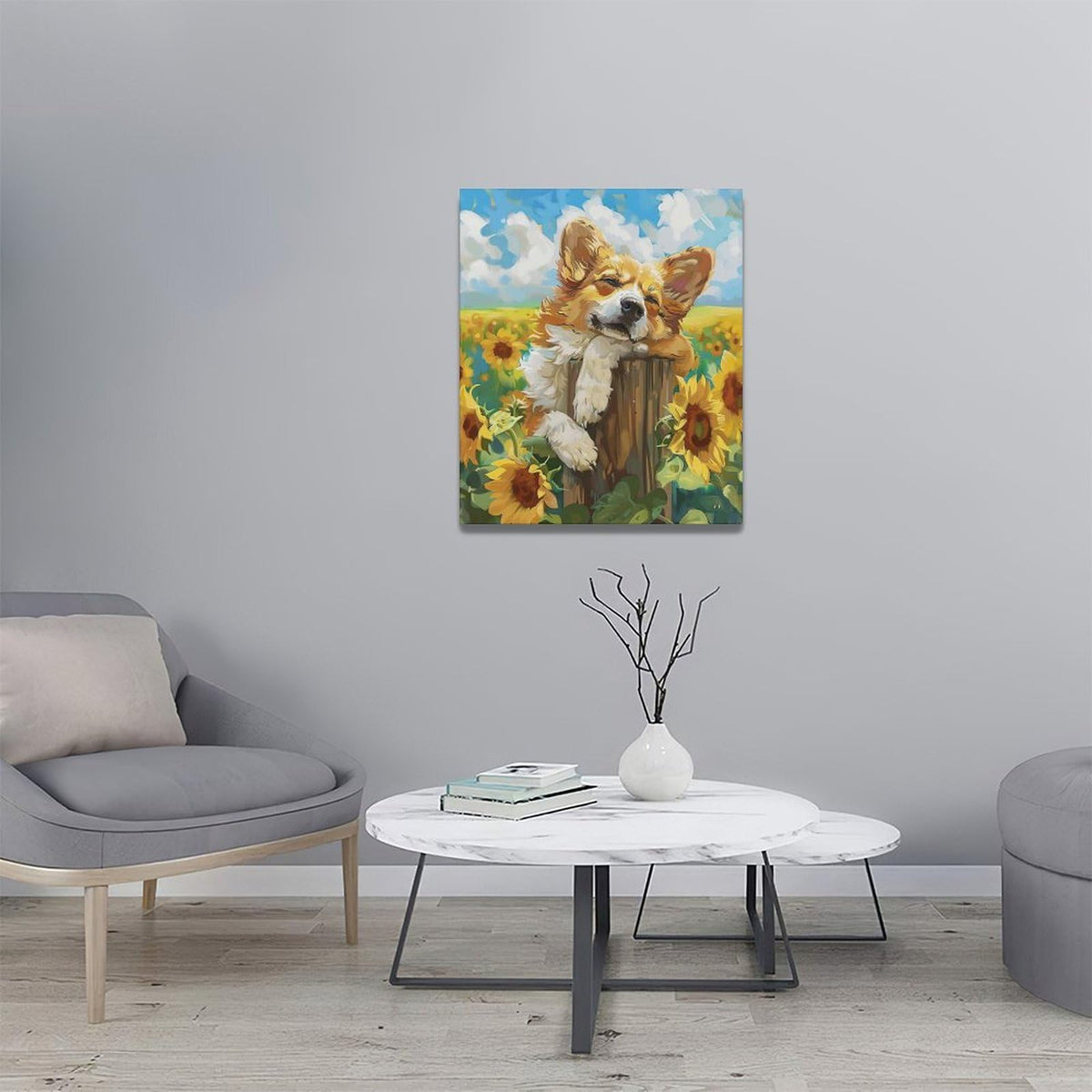 Dog Wall Art Country Sunflower Funny Corgi Pictures Wall Decor Farmhouse Canvas Painting Print Home Modern Artwork Decorations Framed for Bathroom Living Room Bedroom Office 20 x 24 inch (24L" x 20W" / Dog)