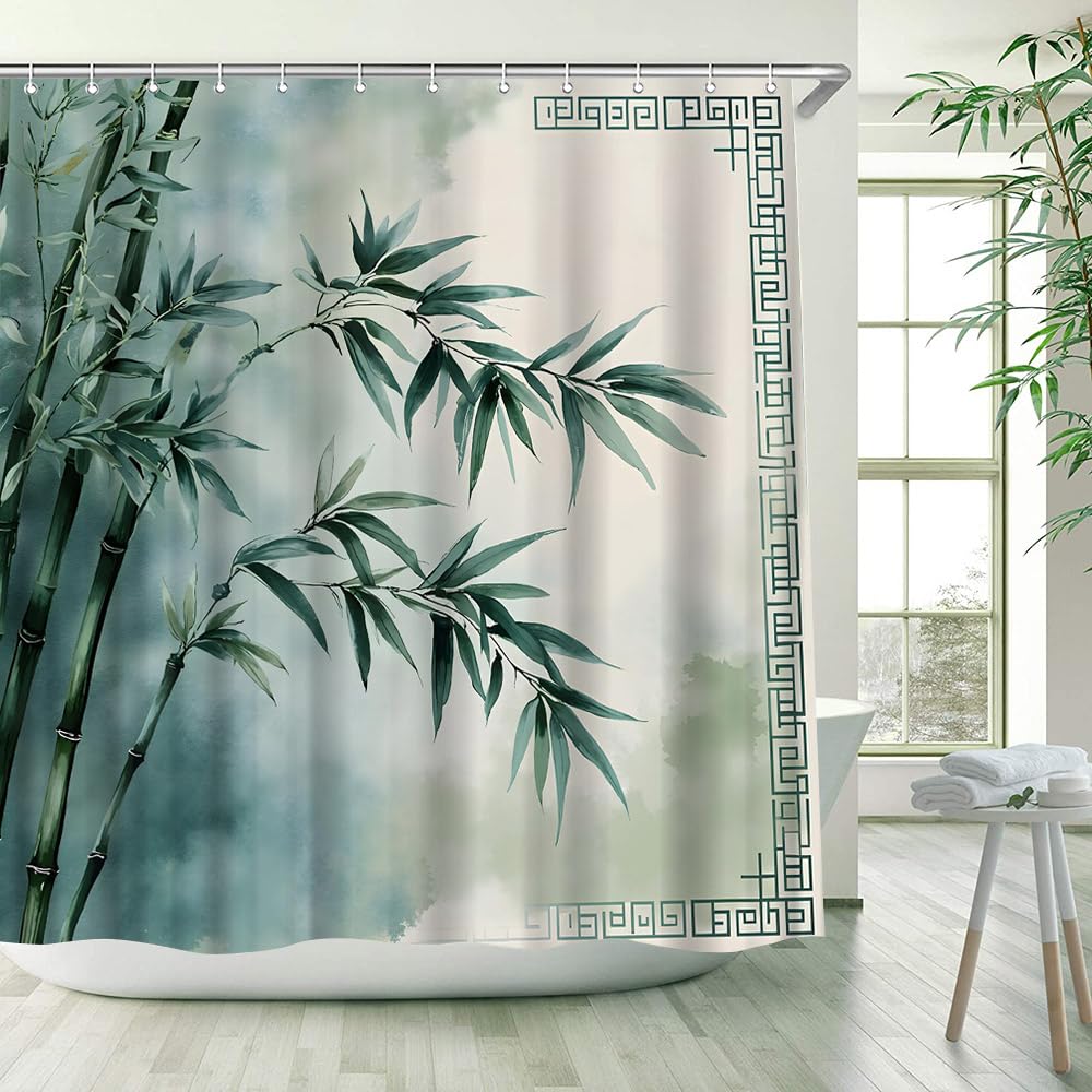 Bamboo Shower Curtain Vintage Green Bamboo Forest Leaves Traditional Retro Rustic Wild Nature Plant Asian Japanese Zen Relaxing Bathroom Decor Polyester Fabric Curtains with Hook 106Wx70H Inches (Green / 106"W x 70"L (Pack of 1))