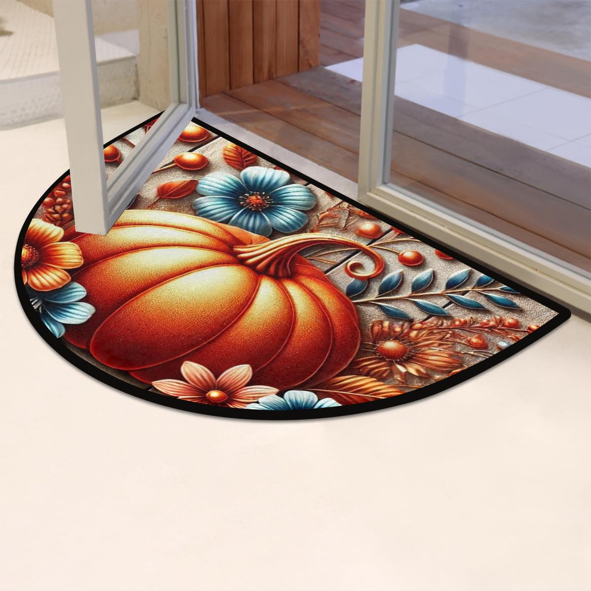 Half Round Doormat Fall Autumn Pumpkin Flower Washable Semi Circle Rug Non Slip Absorbent Half Moon Rug Kitchen Floor Mat for Indoor Outdoor Bathroom Patio Front Welcome Fireplace Hearth (A01:fall Pumpkins)