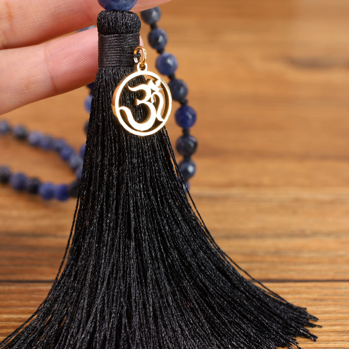 OM Charm Hand Knotted Tassel Sodalite Stone 108 Mala Beads Necklace 8mm (8mm / Faceted Sodalite)