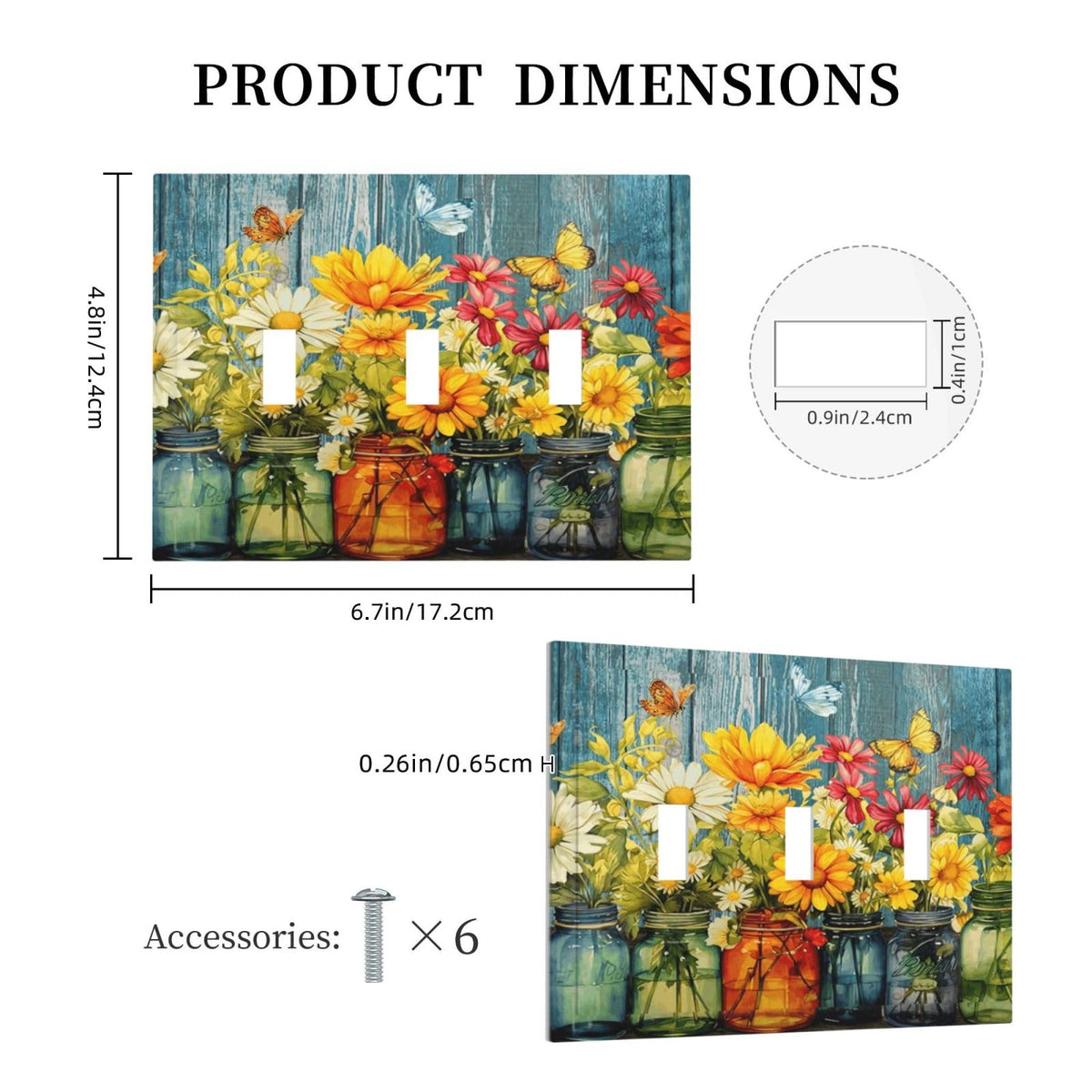 Country Rustic Daisy Flowers Butterfly 3 Gang Electrical Outlet Light Switch Cover Decorative Farmhouse Home Vintage Family Colorful Floral Triple Toggle Switch Face Wall Plate Covers (Country Rustic Daisy Flower Butterfly / 3 Gang Toggle Mid)