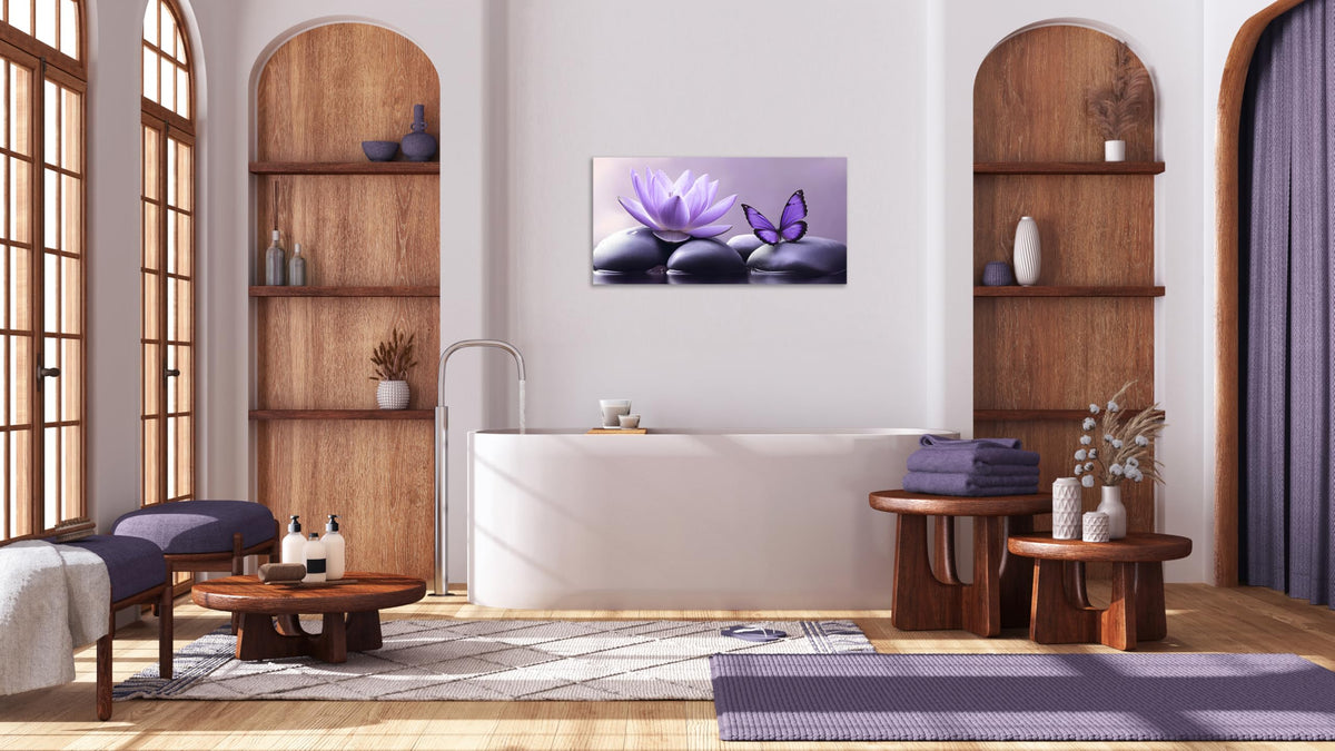 1 Panel Purple Canvas Wall Art Purple Pictures Spa Stone with Water Lily Butterfly on the Water Pictures Poster Zen Wall Art for Living Room Bedroom Ready to Hang (24"L x 12"W / Purple Zen 2)