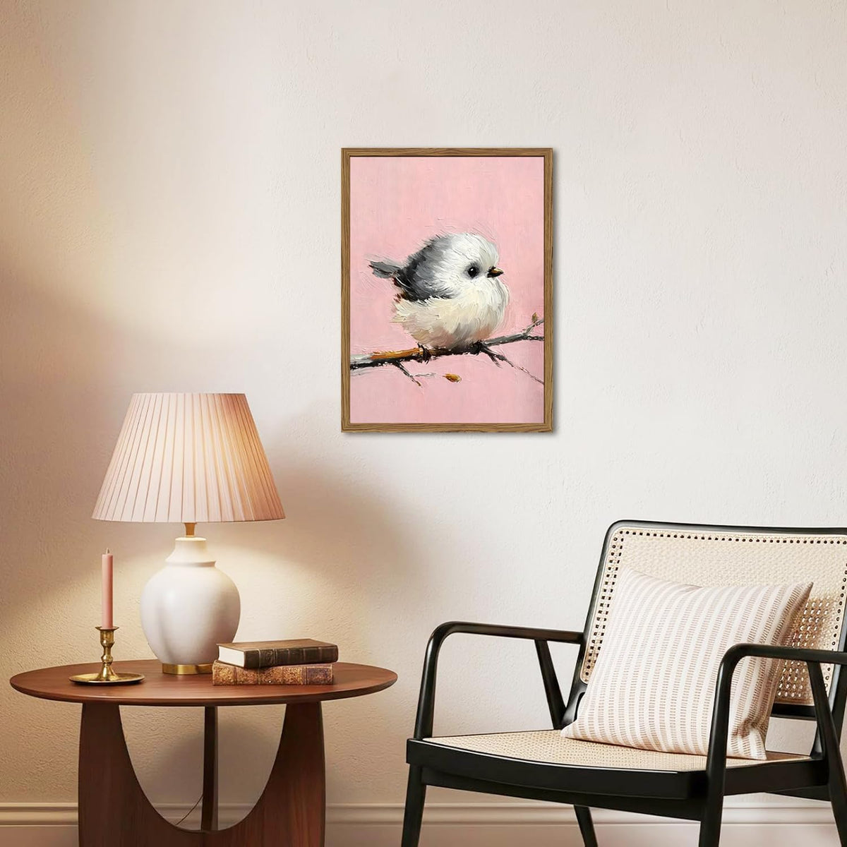 Cute Bird Wall Art Vintage Chickadee on Branch Wall Decor Picture Rustic Animal Poster Canvas Painting Print for Living Kids Room Bedroom 12x16 inch Wood Framed (Animal-M / 16"L x 12"W)