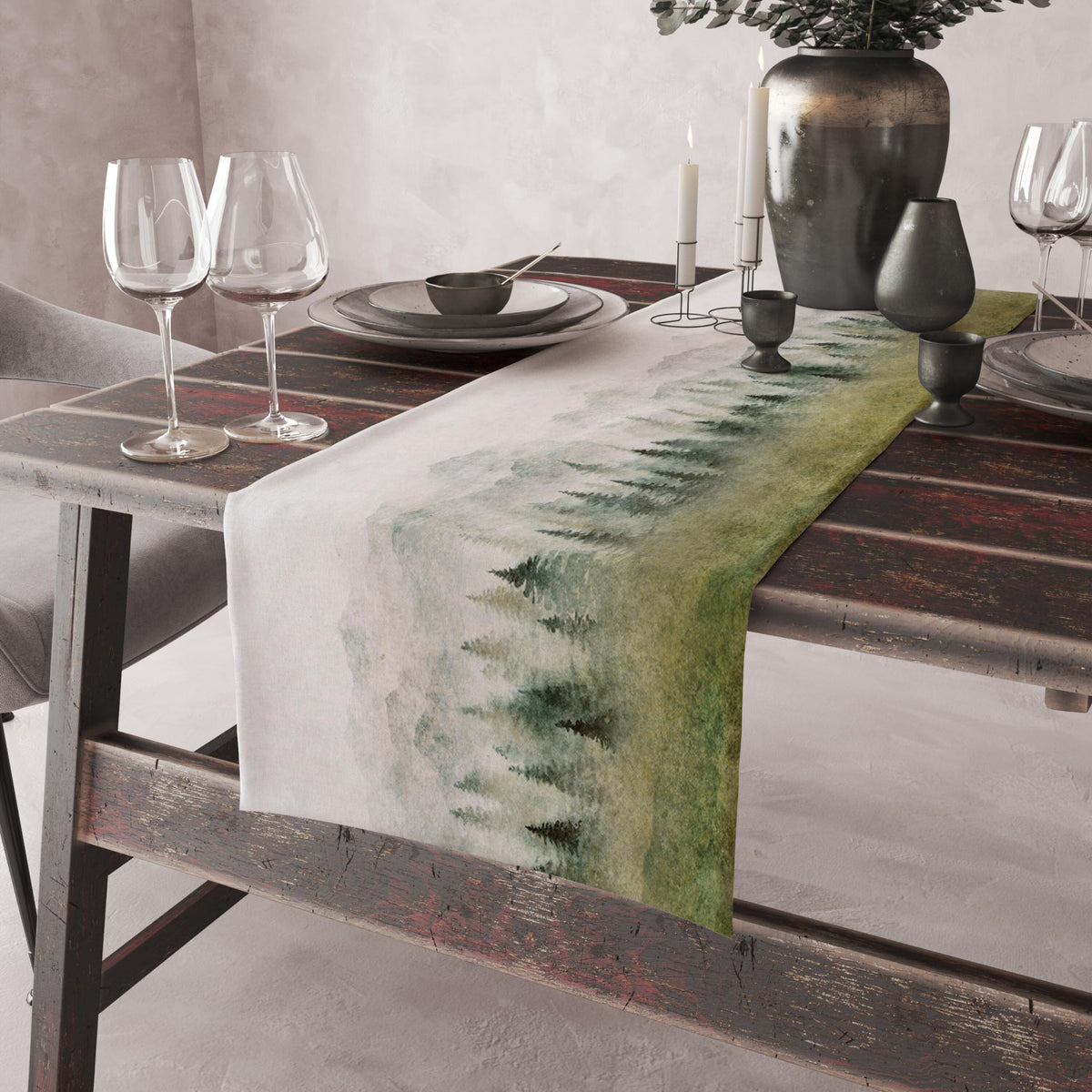 Watercolor Forest Table Runner (13x60inch / Forest-1)