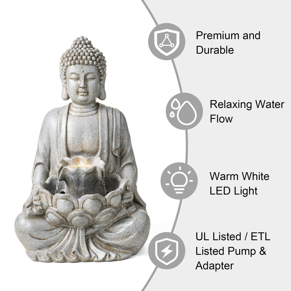 Buddha Fountain Outdoor with Pump & LED Light 23.25" H (Concrete Buddha W/Lotus Leaf&flower Basins / 23.25"H)