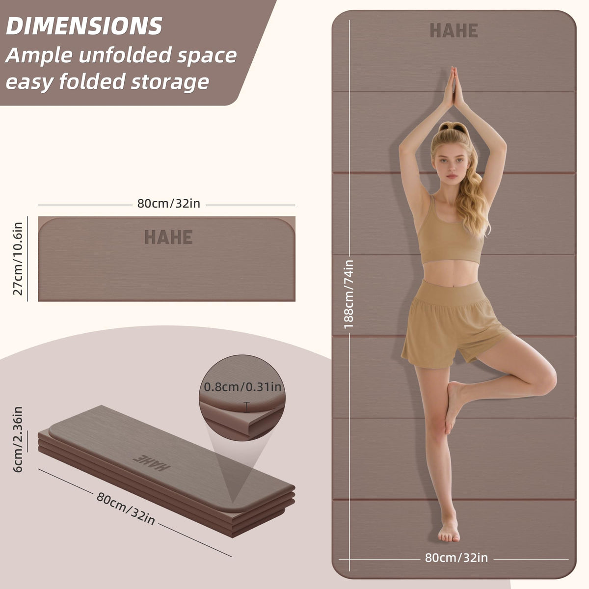 Foldable Yoga Mat 74"Lx32"Wx1 (Brown)