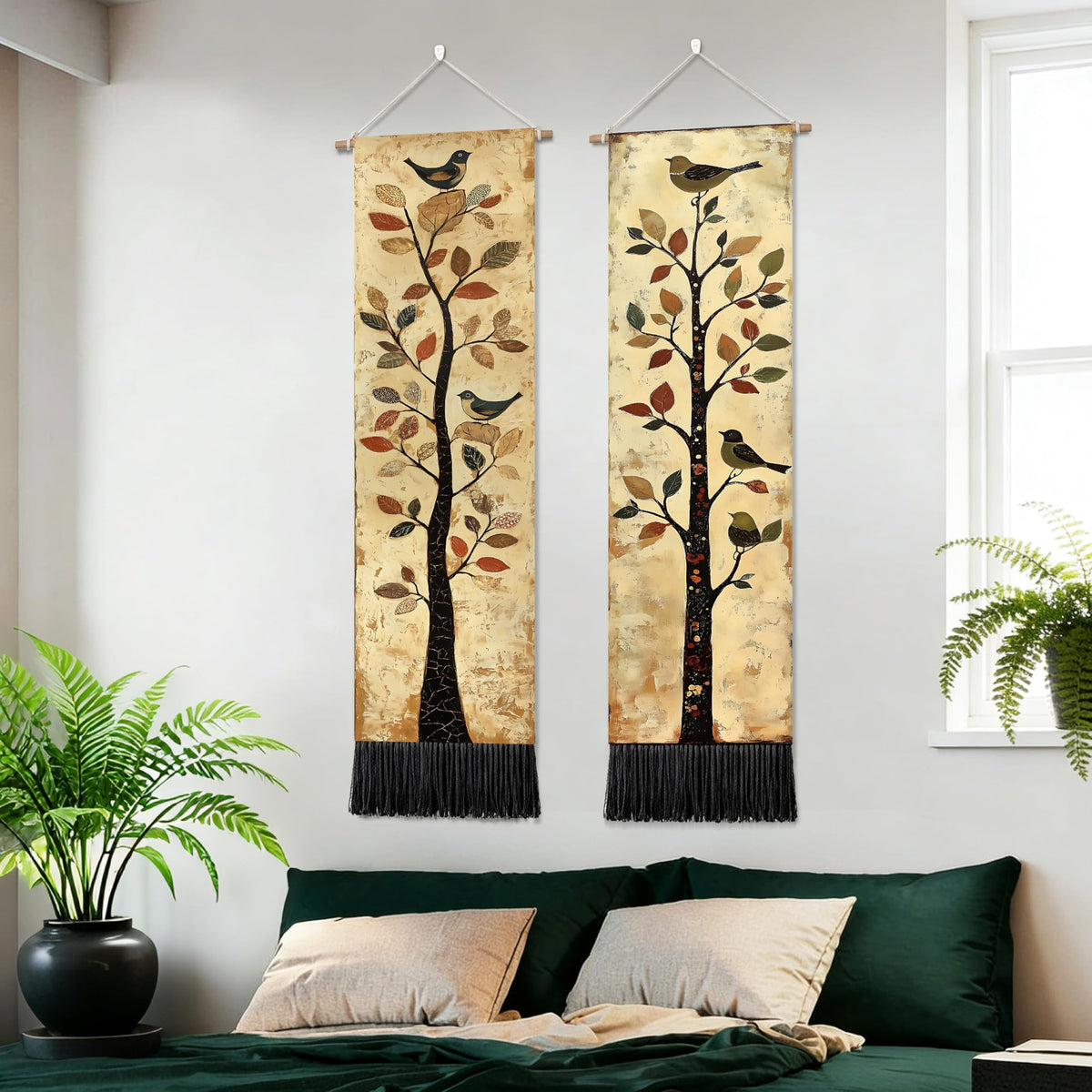 2 Pack Long Vertical Wall Tapestry (Vintage Bird Tree / 13"Wx51"H)