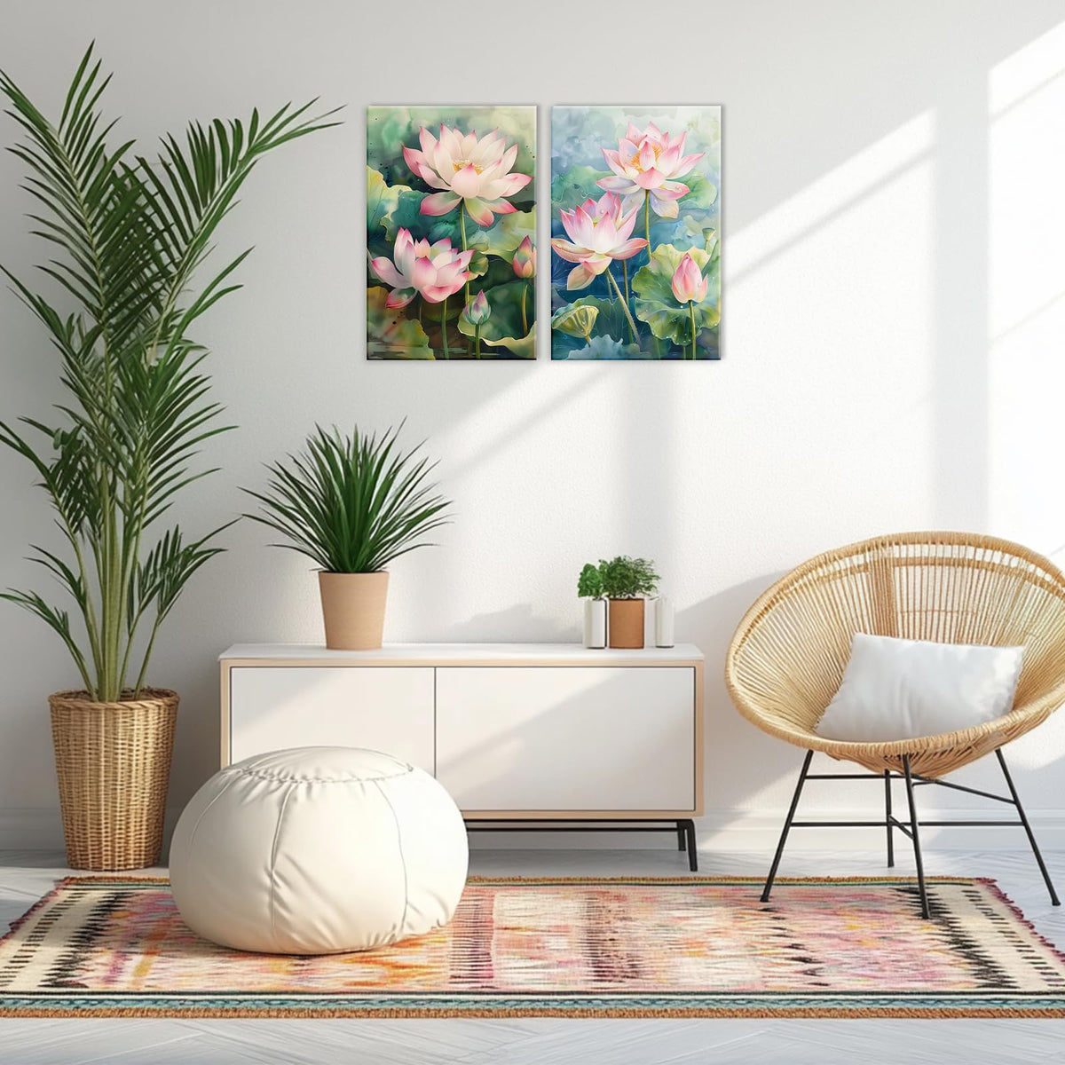 Zen Canvas Wall Art 2 Panel Blooming Pink Lotus Poster Wall Decor Watercolor Lotus Pond Painting Modern Artwork Spa Room Home Decoration Ready To Hang (Artwork-2 / 20"x30"x2pcs)