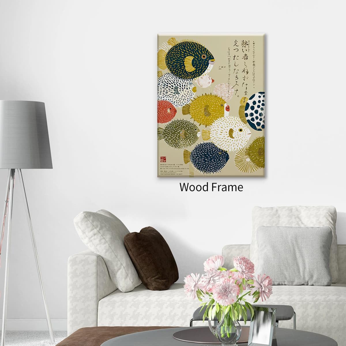 Framed Japanese Canvas Wall Art Vintage Puffer Fish Prints Posters 24x36in Colorful Fish Pictures Mid Century Modern Artwork Decor for Minimal Coastal Home Bathroom Bedroom Living Room (Wrapped Canvas / Japanese Art 003 / 36"L x 24"W)
