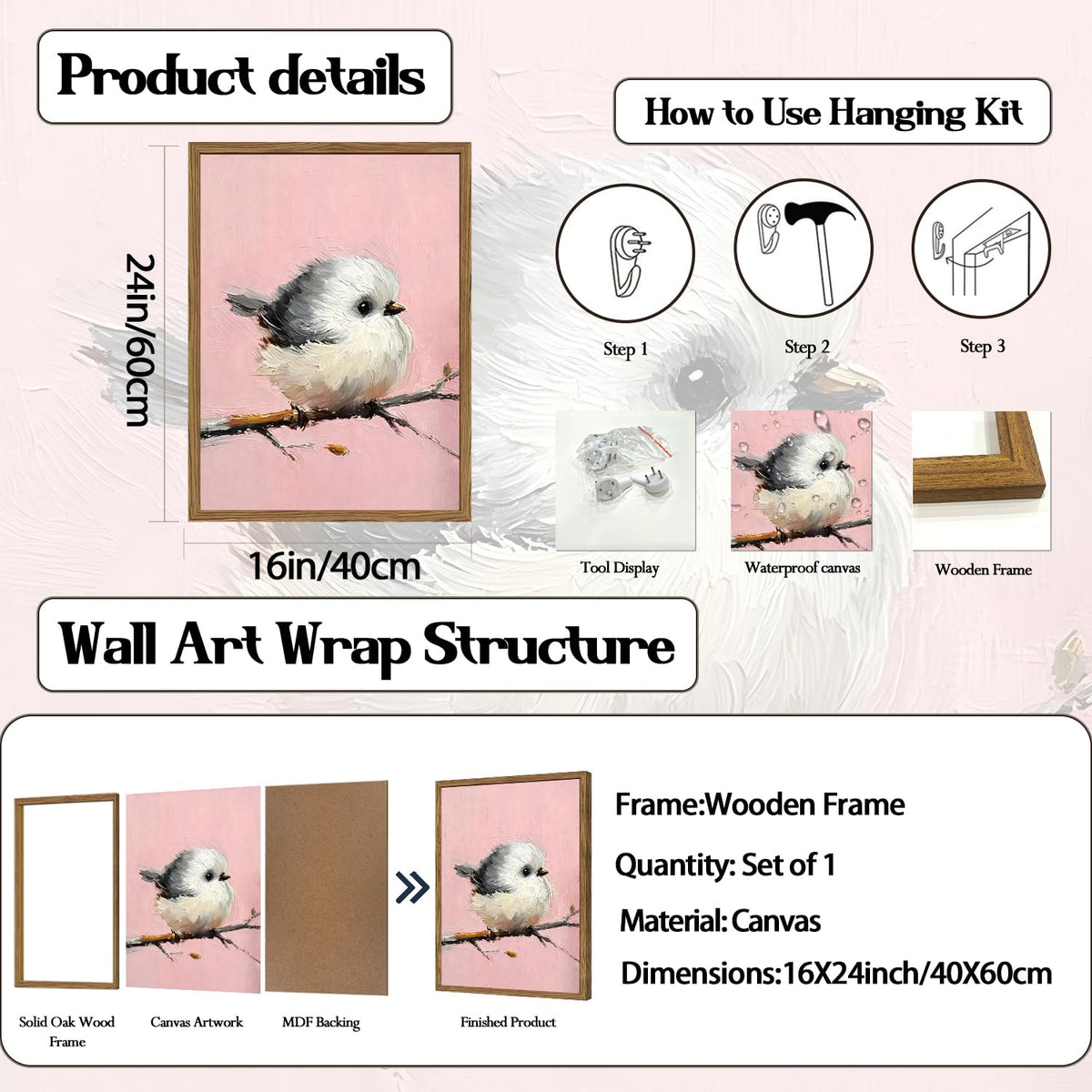 Cute Bird Wall Art Vintage Chickadee on Branch Wall Decor Picture Rustic Animal Poster Canvas Painting Print for Living Kids Room Bedroom 24x16 inch Wood Framed (Animal-M / 24"L x 16"W)
