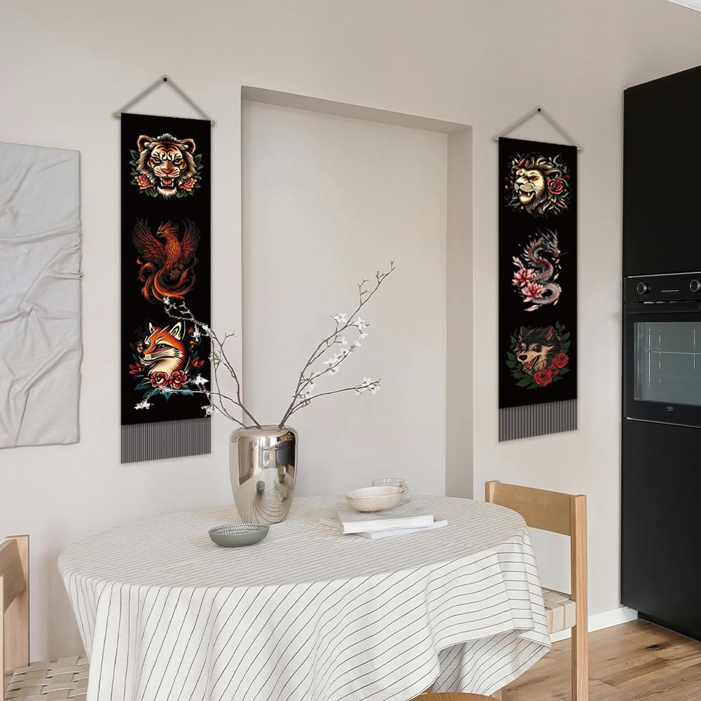 2Pcs Mythical Animals Long Vertical Tapestry (Black-tiger lion)