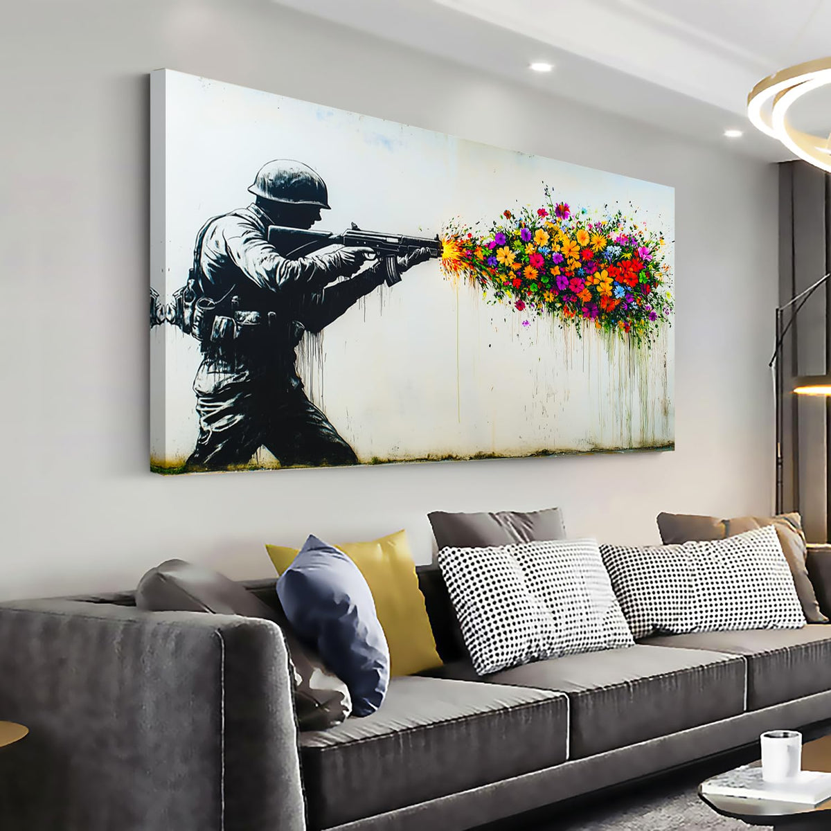 Black Soldier with Colorful Flower Wall Art for Living Room Office Peaceful Urban Contemporary Painting Prints Banksy Style Canvas Artwork Dining Bedroom Decor Extra Large (Contemporary / Colorful Soldier Flower Wall Art / 58"L x 28"W)
