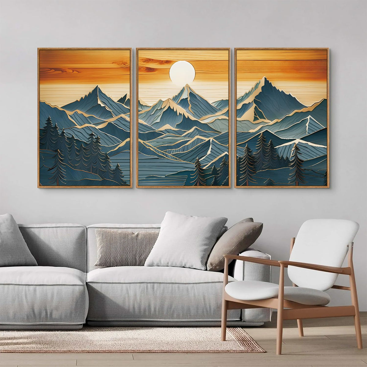 Large Mountains Framed Canvas Wall Art Set of 3 (Vintage Mountain / 36"L x 24"W)