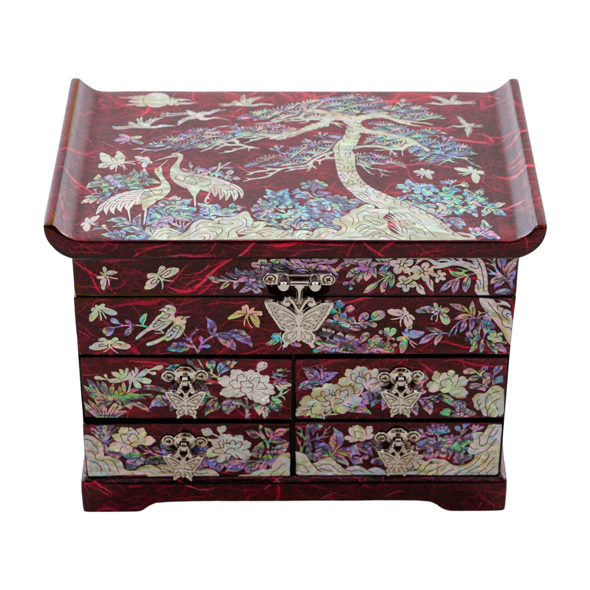 Handcrafted Mother of Pearl Jewelry Box (Crane and Pine Tree - Red)