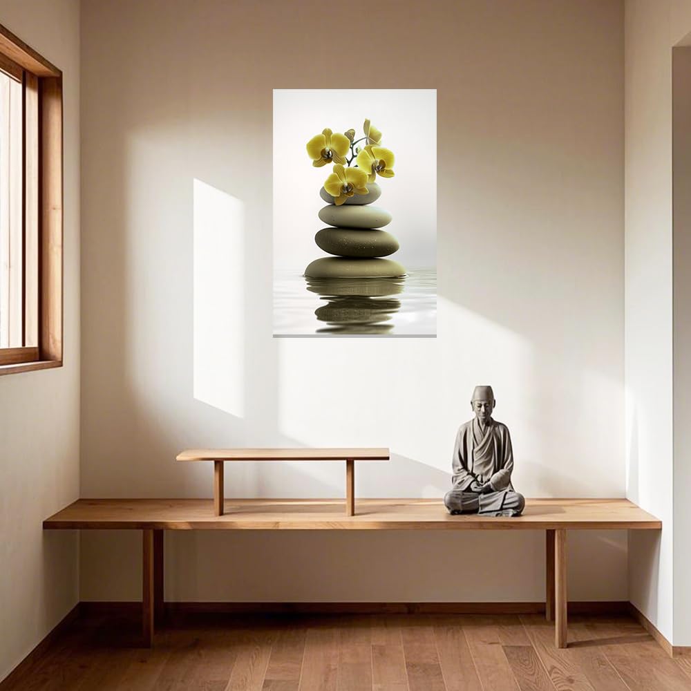 Zen Wall Art Stones Picture Orchid Canvas Painting Yellow Zen Water Prints Spa Bathroom Decor Meditation Yoga Room Office Home Framed (Yellow / 16" x 24")