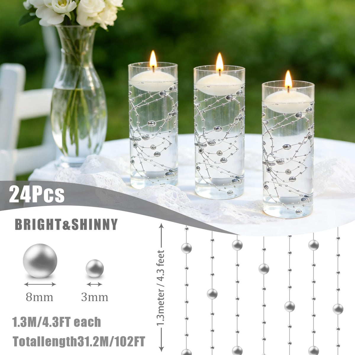 24PCS MANNYCOM Artificial Pearls Beads String for Floating Candles (Silver)