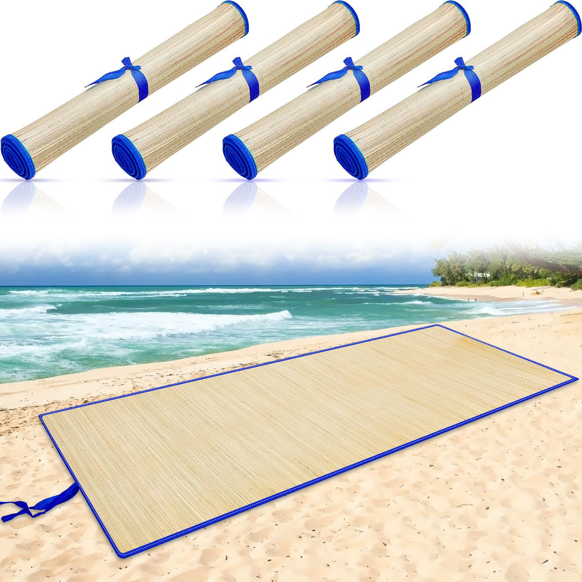 4 Packs Straw Beach Mat with Trim (60 x 33 Inch / Blue)