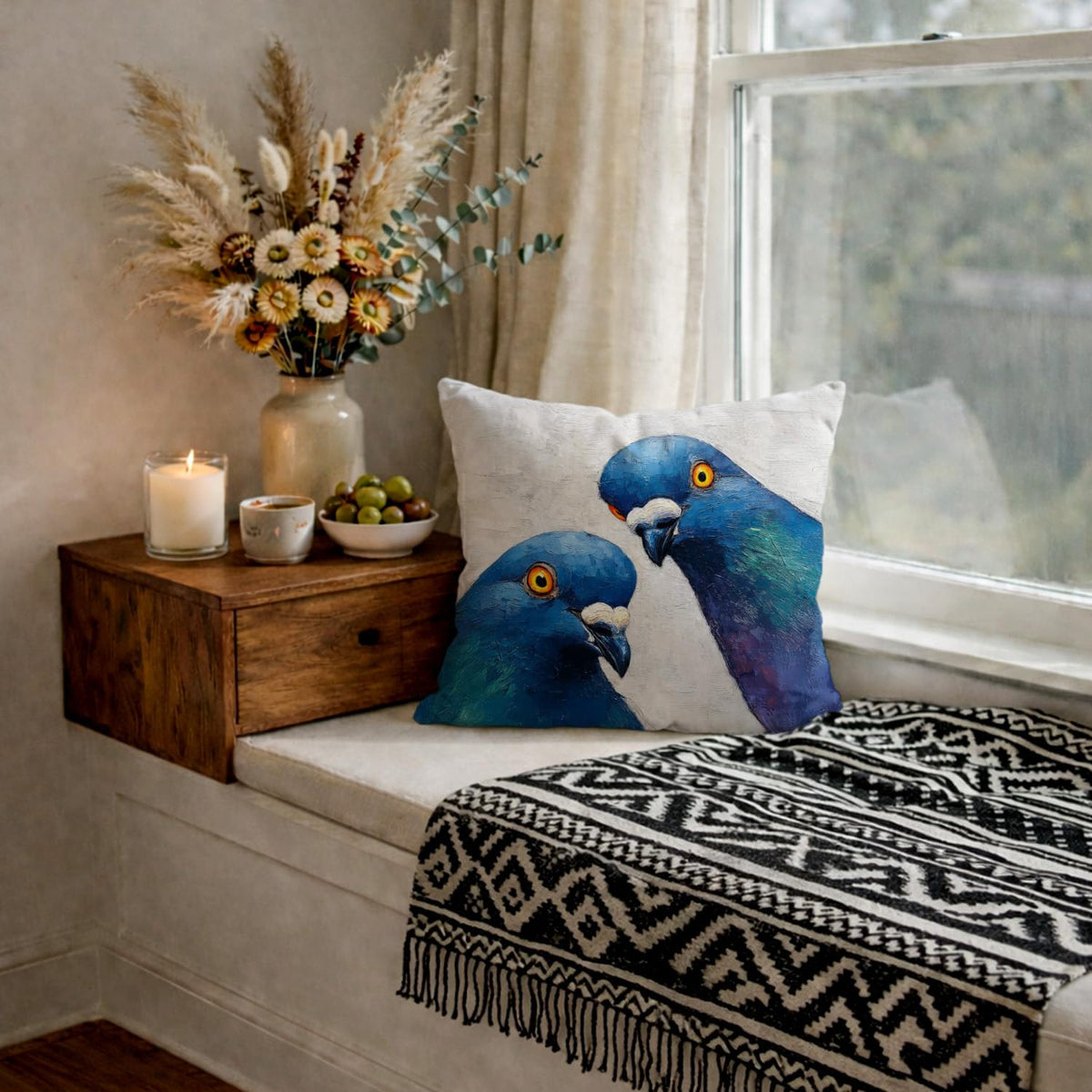 Funny Blue Pigeon Bird Pillow Cover 18x18 (White-bird 3)