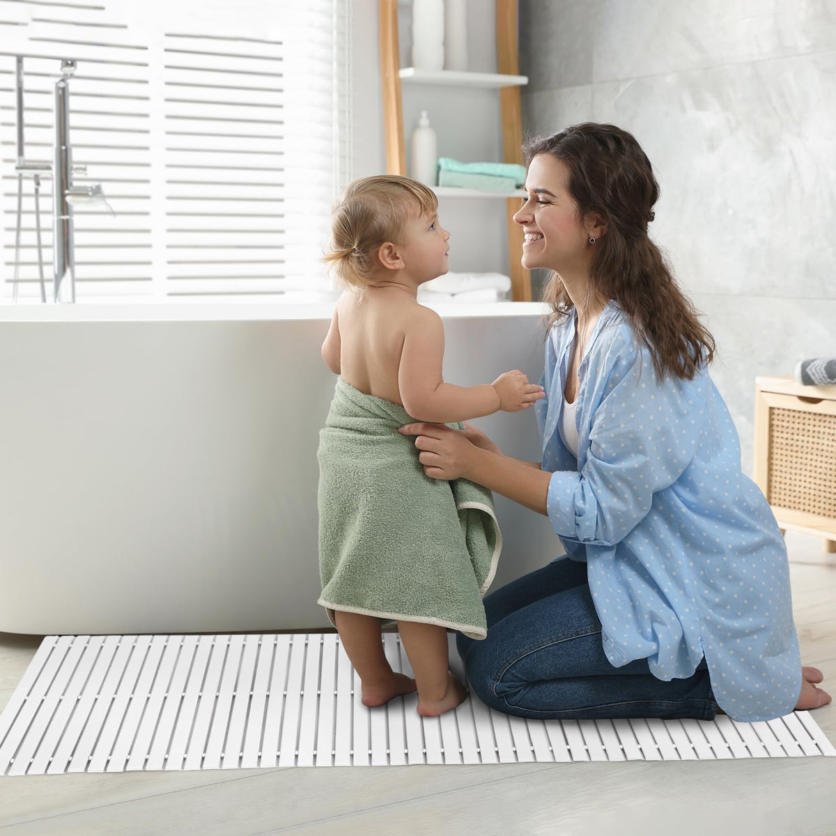 Bath Mat Bathroom Runner Long Large Rugs Floor Wood Shower Bathtub Waterproof Non Slip Accessories 16x48 Inch Easy to Clean (Striped White / 48" x 16" (Rectangular))